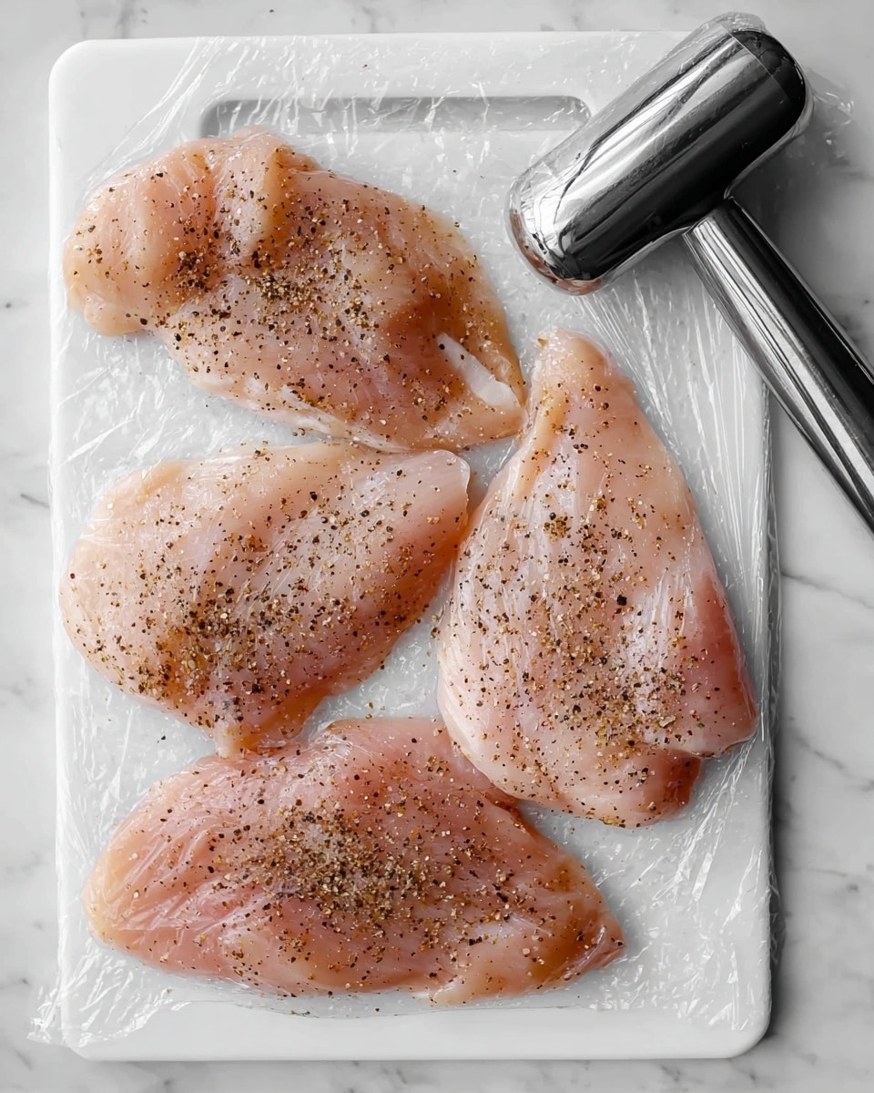 Four raw, seasoned chicken fillets are spread out on a white cutting board wrapped tightly with clear plastic wrap. The chicken pieces are light pink with coarse black pepper sprinkled evenly on top, creating a speckled texture. A shiny metal meat mallet rests on the top right corner of the board, which is placed on a white marbled surface. Photo taken with an iphone --ar 4:5 --v 7