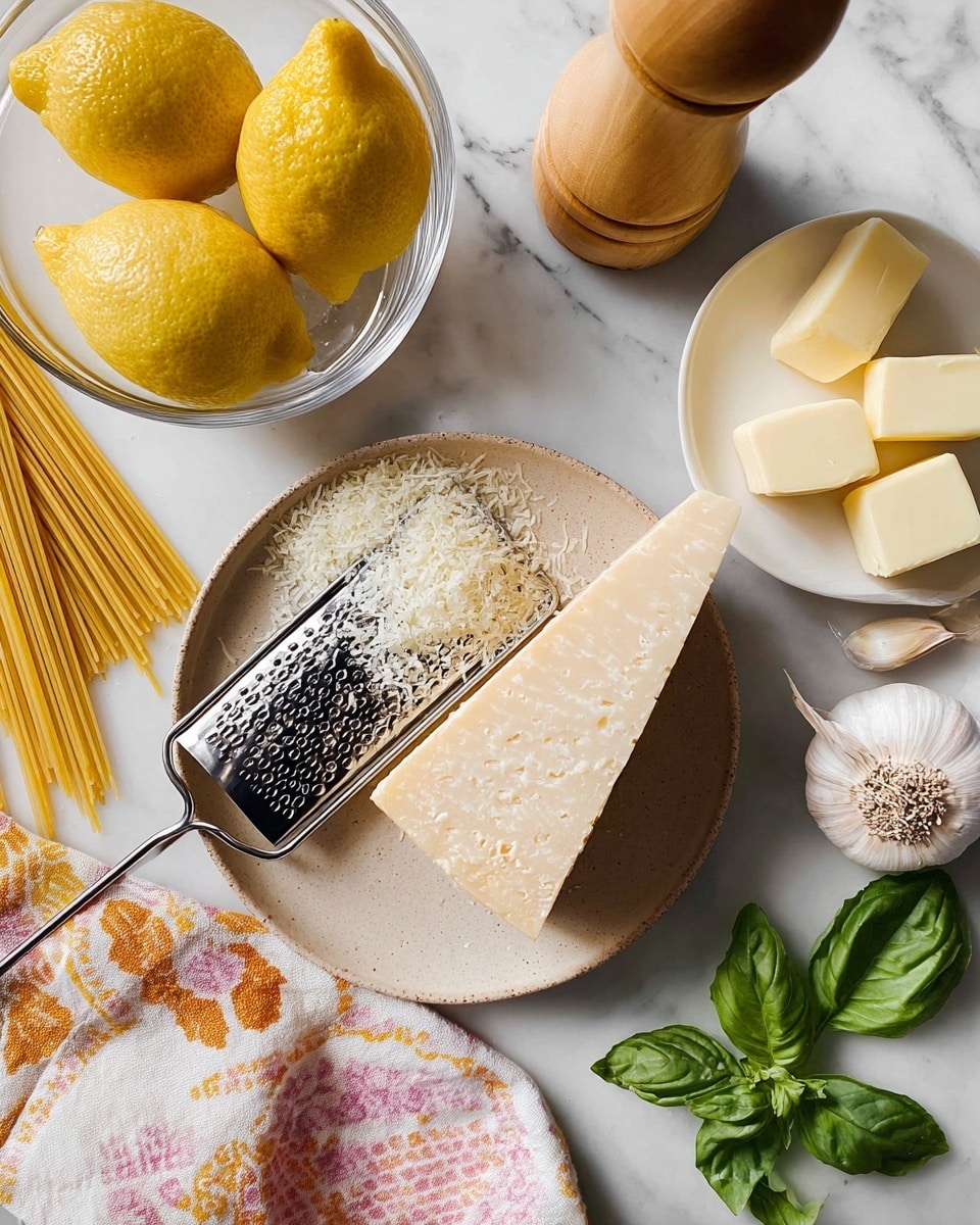 The image shows ingredients for cooking pasta on a white marbled surface. At the bottom, there is a round beige plate with a metal grater placed over some grated cheese and a wedge of hard cheese with a textured rind. To the left, uncooked spaghetti strands lie flat on the surface, partially under a clear glass bowl holding two bright yellow lemons. At the top right, a white plate holds four small blocks of light yellow butter. Near the plate, a folded cloth with pink, white, and orange patterns is placed. On the right side, fresh green basil leaves and pale garlic bulbs with loose white skins rest side by side. A wooden pepper grinder stands at the upper left corner. photo taken with an iphone --ar 4:5 --v 7