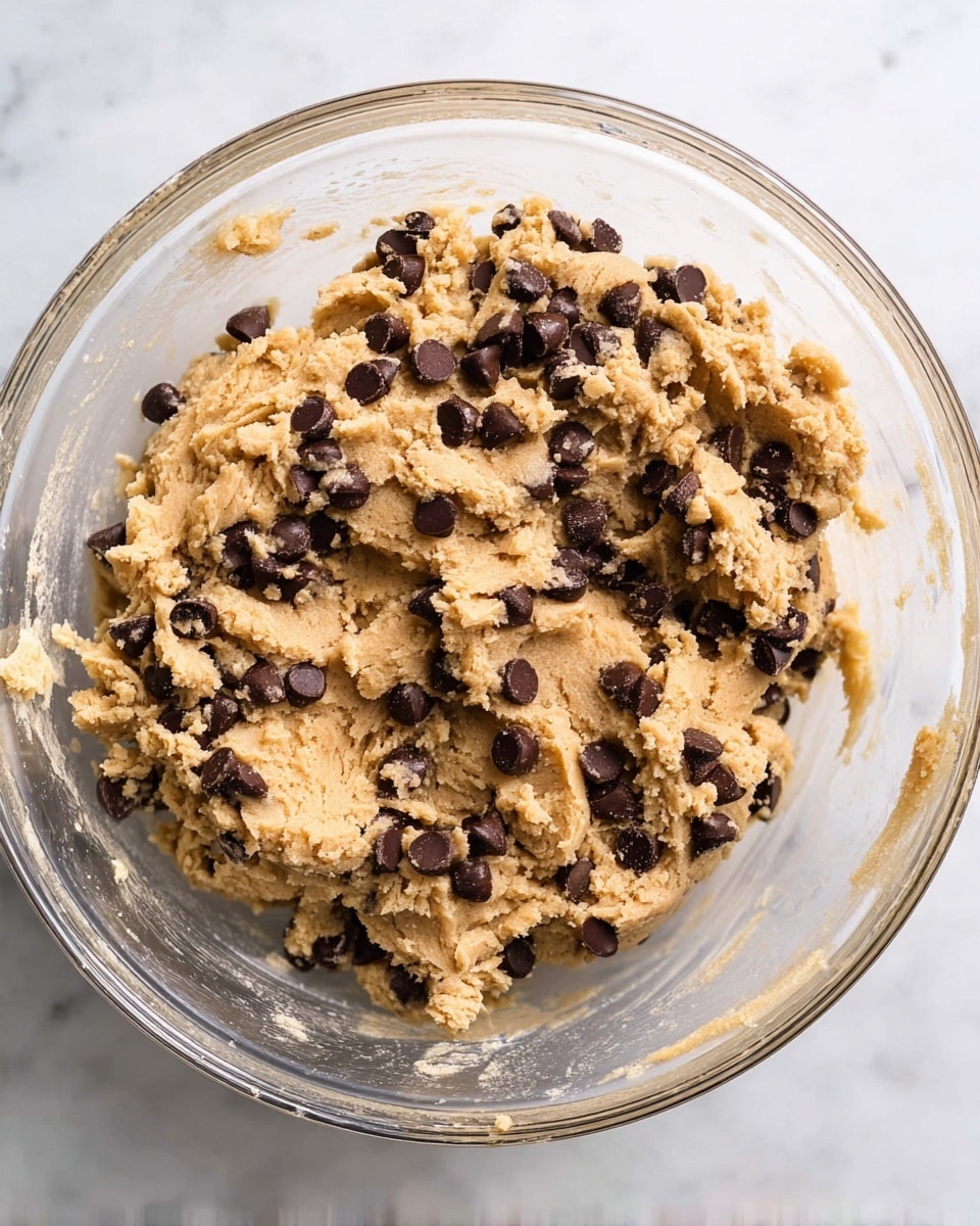 A clear glass bowl filled with thick, light brown cookie dough mixed with many dark brown chocolate chips spread evenly throughout. The dough looks soft and slightly crumbly in texture, pressed against the sides of the bowl with some dough clinging to the glass. The bowl is placed on a white marbled surface, and there is no other item or decoration visible. Photo taken with an iphone --ar 4:5 --v 7