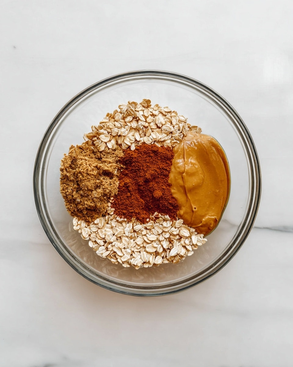 A clear glass bowl sits on a white marbled surface, holding four separate layers of ingredients arranged side by side. On the left is a layer of light brown rolled oats mixed with darker brown cinnamon powder. Next to it, a shiny amber-colored layer of honey spreads slightly, followed by a smooth, thick layer of light brown nut butter filling the right side of the bowl. The ingredients appear dry and wet, contrasting with the clear, smooth glass bowl beneath them. Photo taken with an iphone --ar 4:5 --v 7