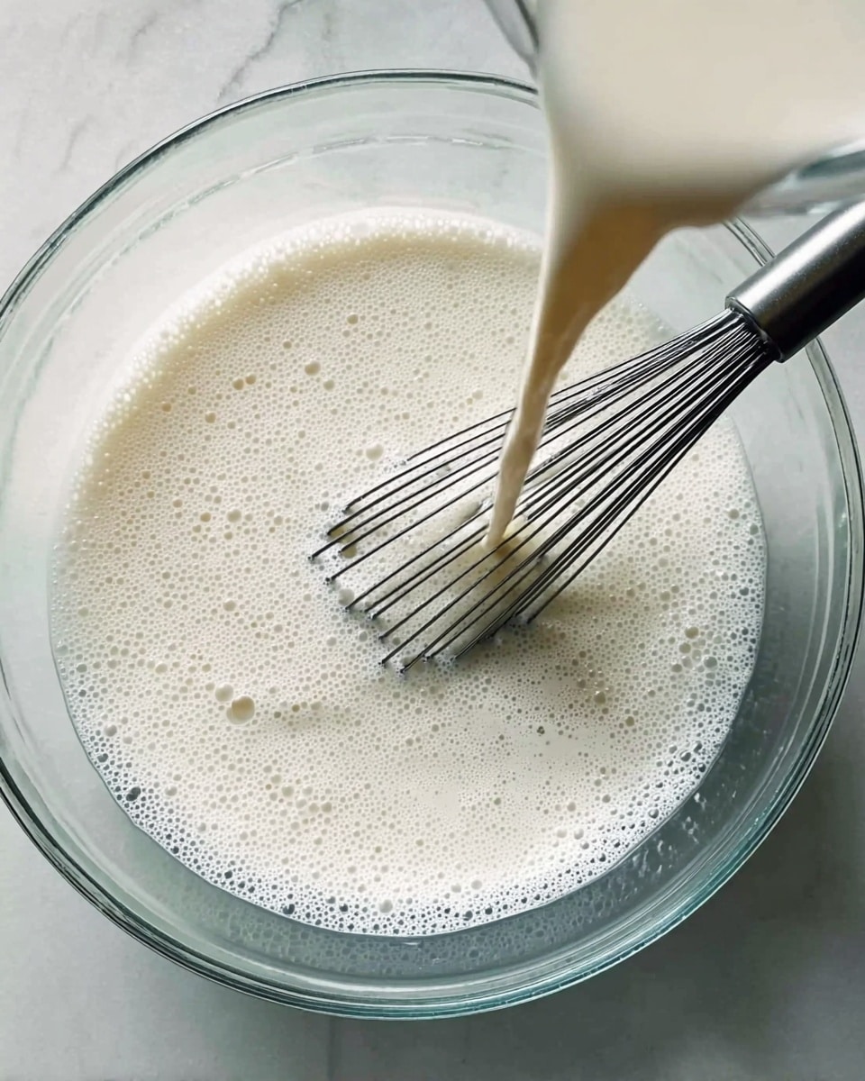 A clear glass bowl filled with a frothy white liquid showing many small bubbles on the surface. A metal whisk with black silicone tines is resting inside the bowl on the right side. From above the bowl, creamy white liquid is being slowly poured into the frothy mixture, creating a smooth flow as it blends in. All this sits on a white marbled surface. photo taken with an iphone --ar 4:5 --v 7