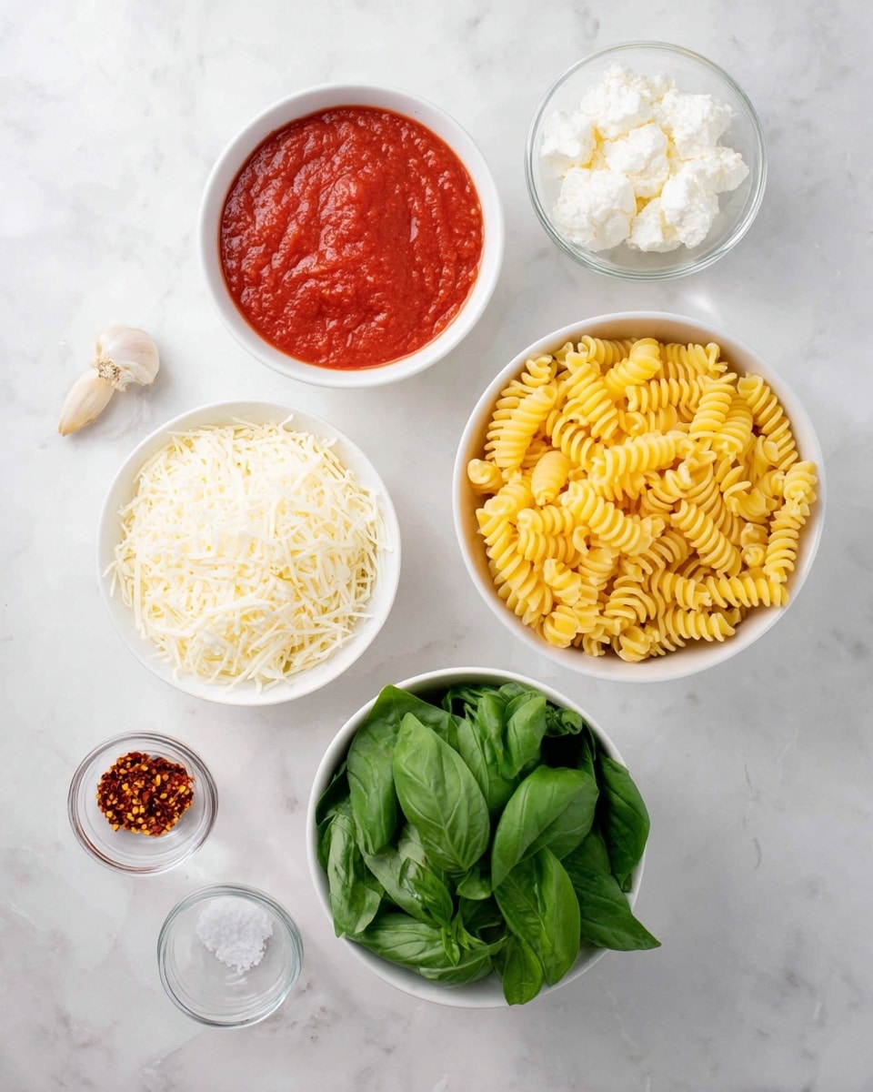 The image shows six small white bowls arranged on a white marbled surface. The top right bowl holds bright yellow dry spiral pasta. To the left of it is a bowl with smooth red tomato sauce. Below the pasta is a bowl filled with bright green basil leaves. In the center bottom, there is a bowl of shredded white cheese. Above that, to the left, is a bowl with white cottage cheese. To the left side of the basil is a single garlic clove in a small clear glass bowl, with another small bowl above it holding coarse salt. At the bottom left, there is a small clear bowl with red chili flakes. The arrangement is neat and colorful, clearly showing each ingredient separately. photo taken with an iphone --ar 4:5 --v 7