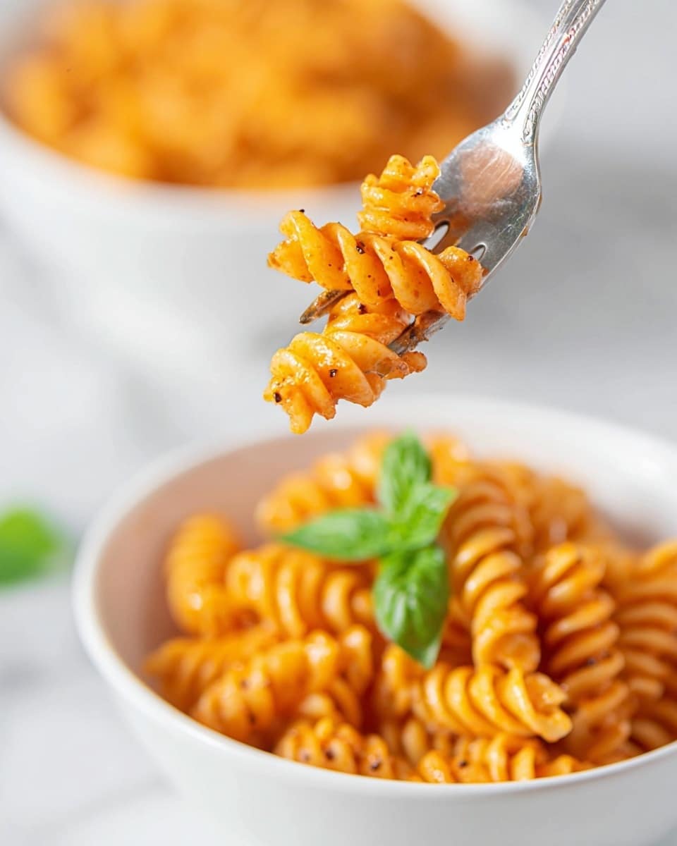 A close-up image shows a fork holding a small portion of orange-red fusilli pasta coated in a smooth sauce with tiny specks of seasoning. Below the fork, a white bowl is filled with more of the same spiral pasta covered evenly in the sauce, topped with a single fresh green basil leaf. In the soft background, another white bowl with pasta is visible on a white marbled surface. The focus is sharp on the fork and pasta, with a shallow depth of field making the background blurred for a clean and fresh look. photo taken with an iphone --ar 4:5 --v 7