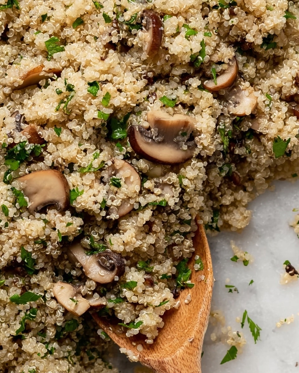 The image shows a close-up of cooked quinoa mixed with sliced mushrooms and chopped green herbs, all blended together in one layer. The quinoa grains are light beige with a slightly fluffy texture, the mushrooms have a soft brown color with smooth slices, and the fresh green herbs are dispersed evenly, adding small pops of color. A wooden spoon is partially visible on the right side, touching the quinoa mixture, with its smooth, light brown handle resting on the food. The background is a white marbled surface. photo taken with an iphone --ar 4:5 --v 7