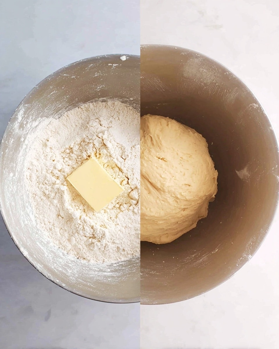 The image shows two stages of dough preparation in a silver mixing bowl on a white marbled surface. On the left side, there is a dry mixture of white flour with a small block of pale yellow butter placed on top, the flour has a powdery texture and is unevenly spread inside the bowl. On the right side, the dough is fully mixed into a smooth, soft, light cream-colored ball that fills the bowl more evenly and looks slightly sticky. The bowl has a matte finish with some flour dust on its sides. Photo taken with an iphone --ar 4:5 --v 7