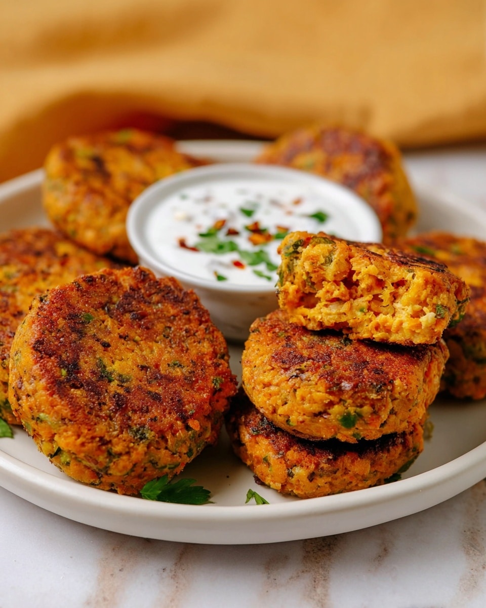 A white plate holds seven round, thick patties with a rough texture and a golden-brown crispy outside, showing some green herb flecks inside. One patty stands upright, leaning on others, showing its orange, soft, crumbly inside with small green and white bits. In the plate's center, there is a small white bowl filled with white sauce topped with green herbs and red flakes. The plate sits on a white marbled surface with a tan cloth blurred in the background. photo taken with an iphone --ar 4:5 --v 7