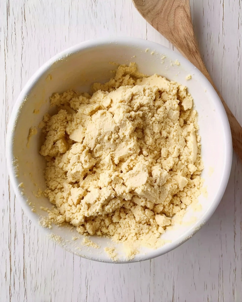 A white bowl sits on a white marbled textured surface, filled with a single layer of rough, crumbly dough mixture in a pale yellow color. The dough has a coarse texture with uneven clumps and scattered small cracks. A wooden spoon with light brown color is resting on the surface near the top right corner of the image. Photo taken with an iphone --ar 4:5 --v 7