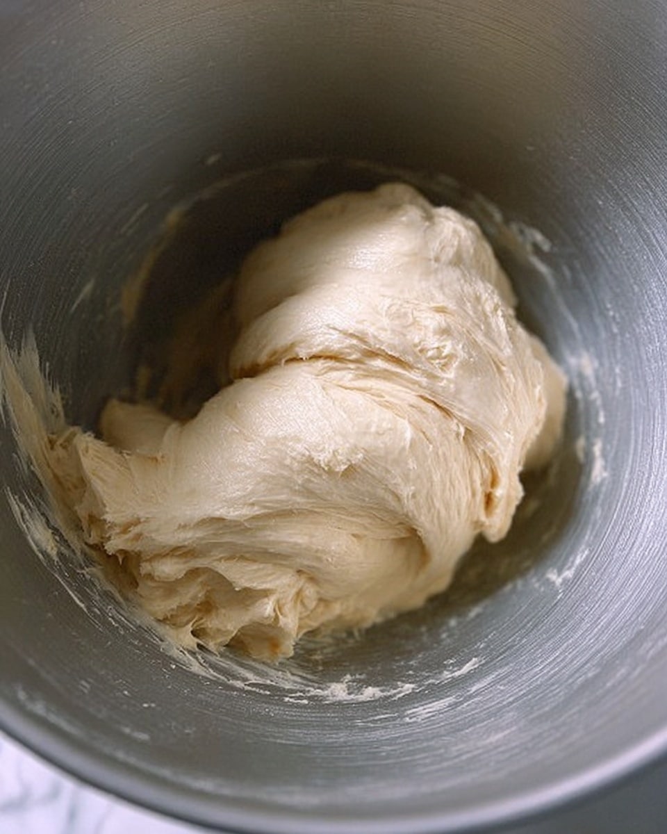 The image shows thick dough inside a shiny gray mixing bowl. The dough is pale cream in color with a smooth but slightly wrinkled texture. It curls and folds softly against the bowl's inner surface, filling about half of the bottom. The background is a white marbled texture. Photo taken with an iphone --ar 4:5 --v 7