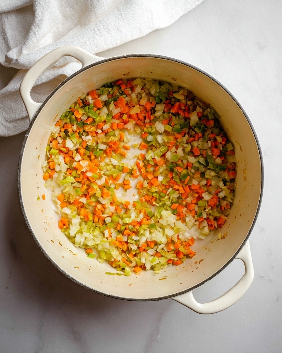 A white pot filled with one layer of finely chopped vegetables, including orange carrots, light green celery, and white onions, all mixed and lightly cooked. The vegetables cover part of the bottom of the pot, showing some brown bits hot in places. The pot has two handles visible on opposite sides, and it is placed on a white marbled surface with a white cloth partially visible in the background. photo taken with an iphone --ar 4:5 --v 7