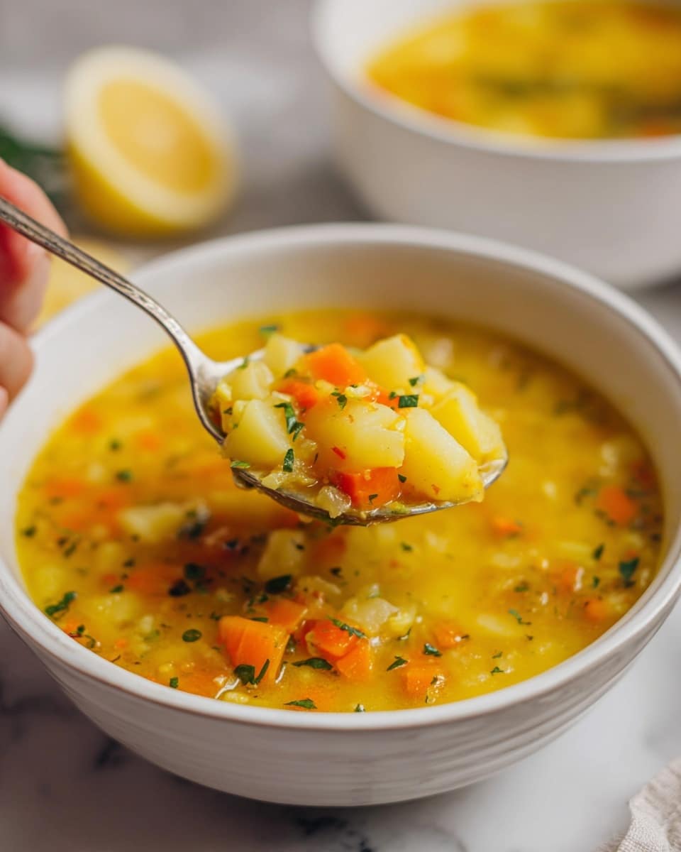 A white bowl filled with thick yellow soup containing visible chunks of light yellow potatoes, orange carrots, and small pieces of green herbs, giving a colorful mix. A silver spoon is shown close up, lifting a scoop of the soup with the same mixture of diced vegetables and broth, held by a woman's hand just above the bowl. The bowl rests on a white marbled surface, with a soft focus on another white bowl and a lemon wedge in the background. photo taken with an iphone --ar 4:5 --v 7
