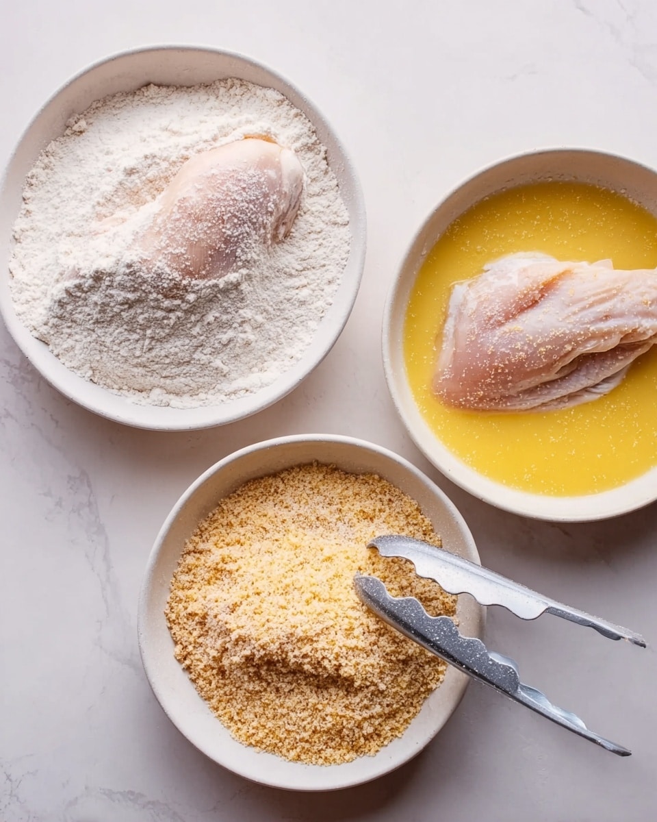 The image shows three white shallow bowls on a white marbled surface. The left bowl has white flour with a raw chicken piece partly covered inside it. The middle bowl contains a yellow beaten egg mixture with a raw chicken piece dipping in it, the chicken has some flour on it. The right bowl holds light brown breadcrumbs with a chicken piece coated in them, and a pair of silver tongs is touching the coated chicken. Photo taken with an iphone --ar 4:5 --v 7