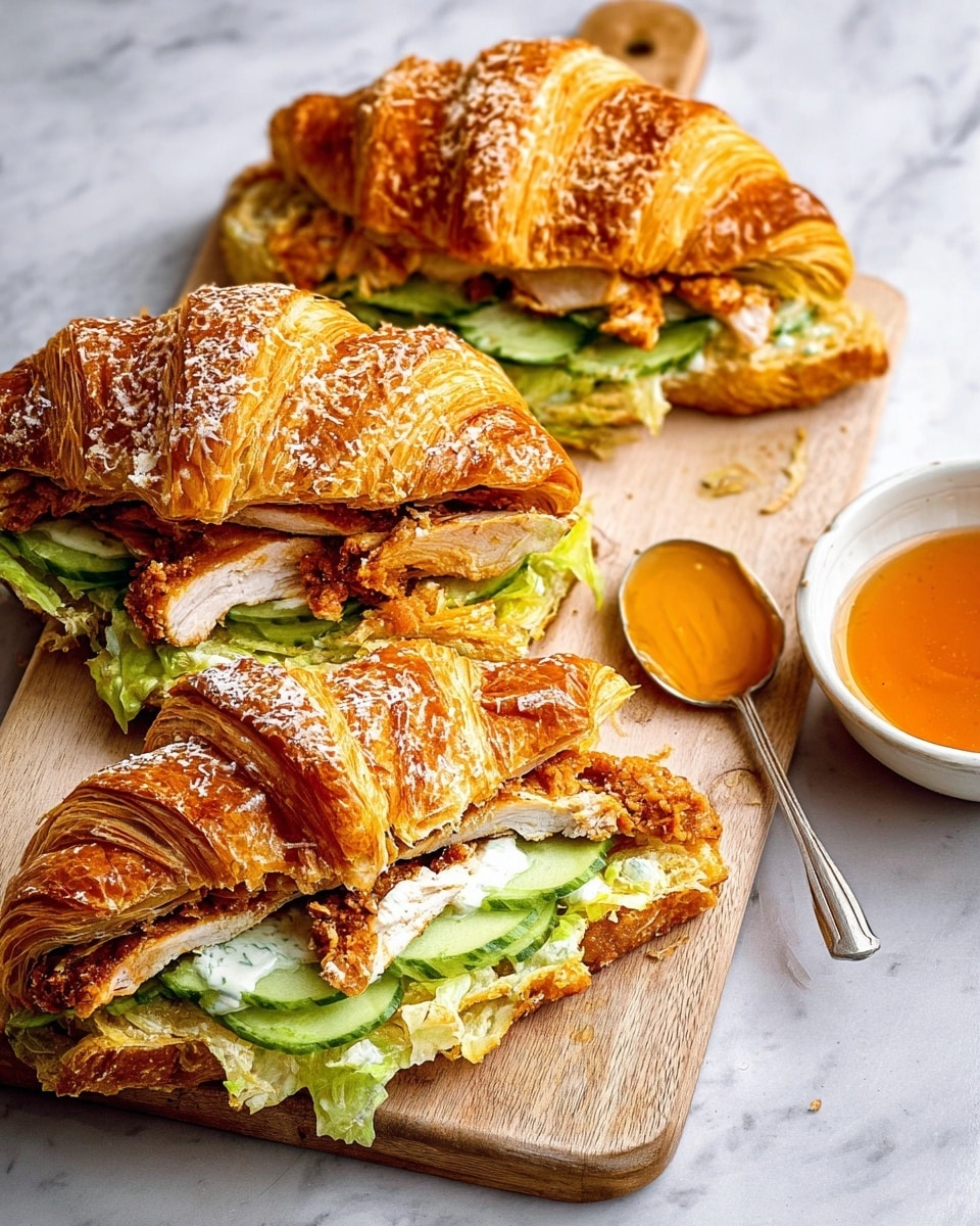 The image shows three croissant sandwiches on a wooden board with a white marbled background. Each croissant is golden brown with a flaky texture and a sprinkling of grated cheese on top. Inside the sandwiches, there are layers of crispy brown chicken, bright green lettuce, creamy white sauce, and slices of cucumber, all arranged in thick layers. One sandwich is cut in half, revealing the inside layers clearly. On the right side of the board, there is a small white bowl filled with orange-colored honey or sauce, with a silver spoon resting in it. Photo taken with an iphone --ar 4:5 --v 7