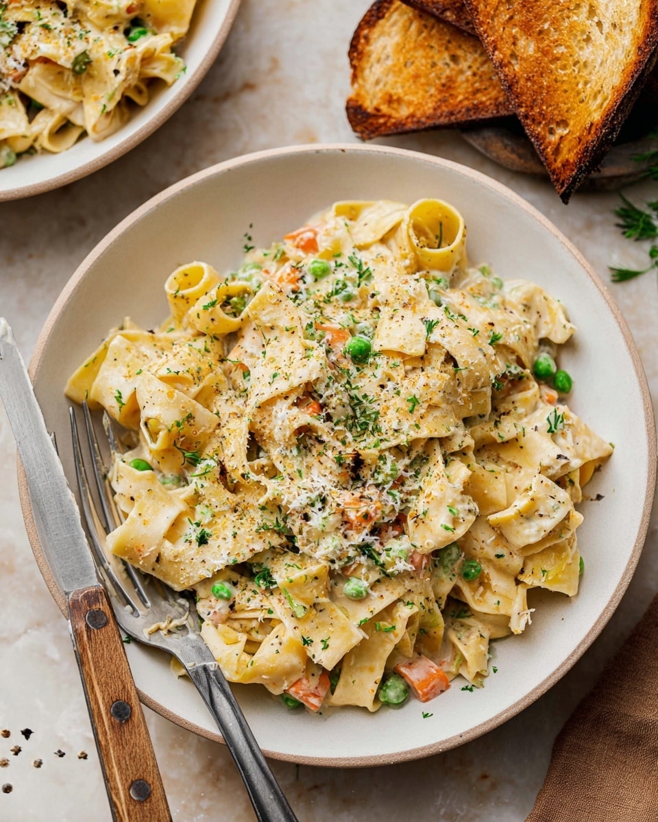 A white bowl filled with creamy pasta made of wide, flat noodles layered thickly at the bottom with a sauce that looks rich and smooth. Mixed into the pasta are green peas and small bits of orange carrots, and the top is sprinkled with finely chopped green herbs and grated white cheese, with a light dusting of black pepper. A fork and knife with wooden handles rest on the side of the bowl. In the background, there is a white bowl with two toasted slices of brown bread on a white marbled surface photo taken with an iphone --ar 4:5 --v 7