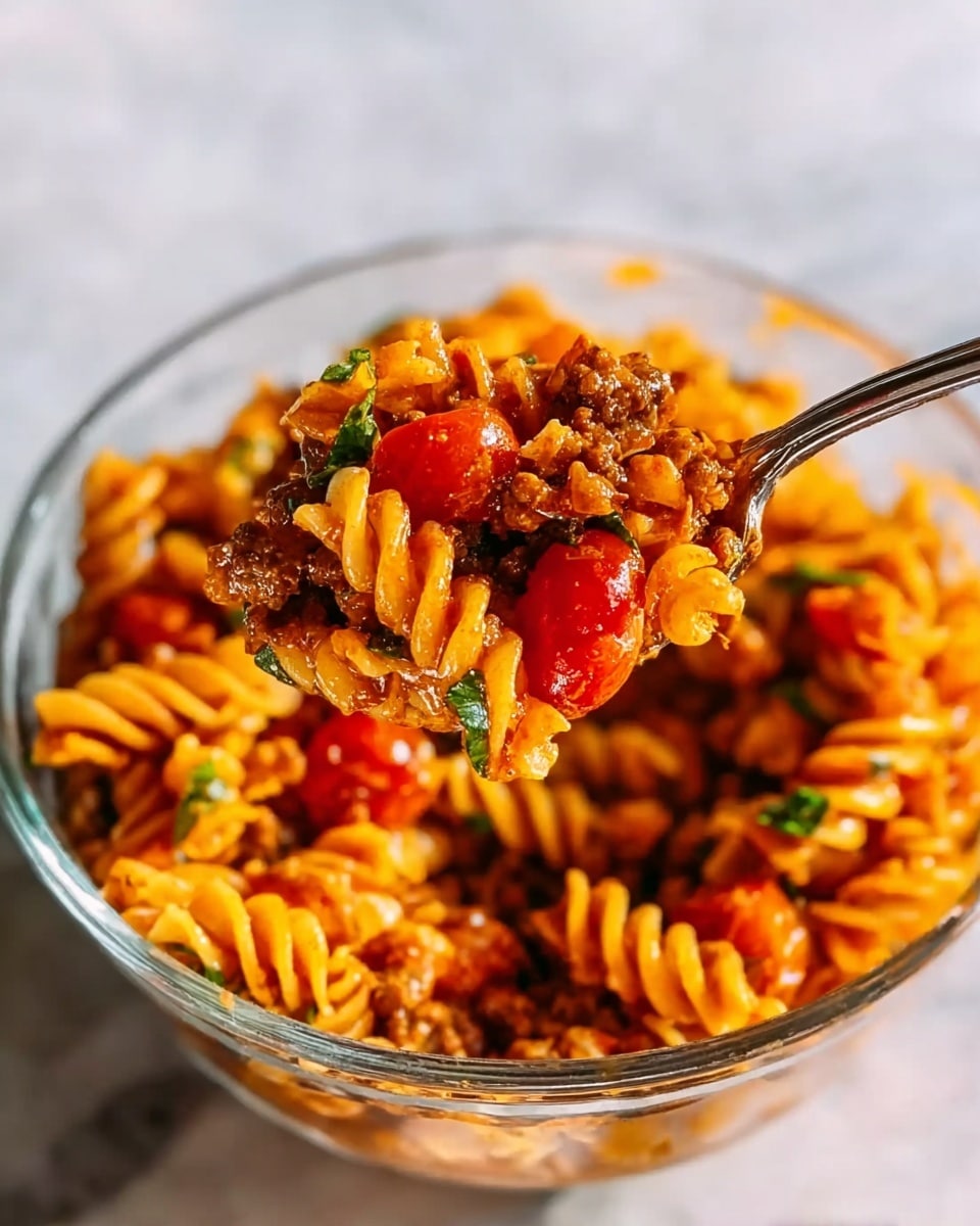 A clear glass bowl filled with a layered pasta dish featuring rotini pasta in a rich orange sauce mixed with ground meat. Bright red cherry tomatoes and bits of green herbs are scattered throughout, adding pops of color. A silver fork lifts a spoonful of the pasta close to the camera, showing the spiral pasta, sauce, meat, tomatoes, and herbs clearly. The bowl sits on a white marbled surface. The lighting highlights the glossy texture of the sauce and the shiny surface of the cherry tomatoes. photo taken with an iphone --ar 4:5 --v 7