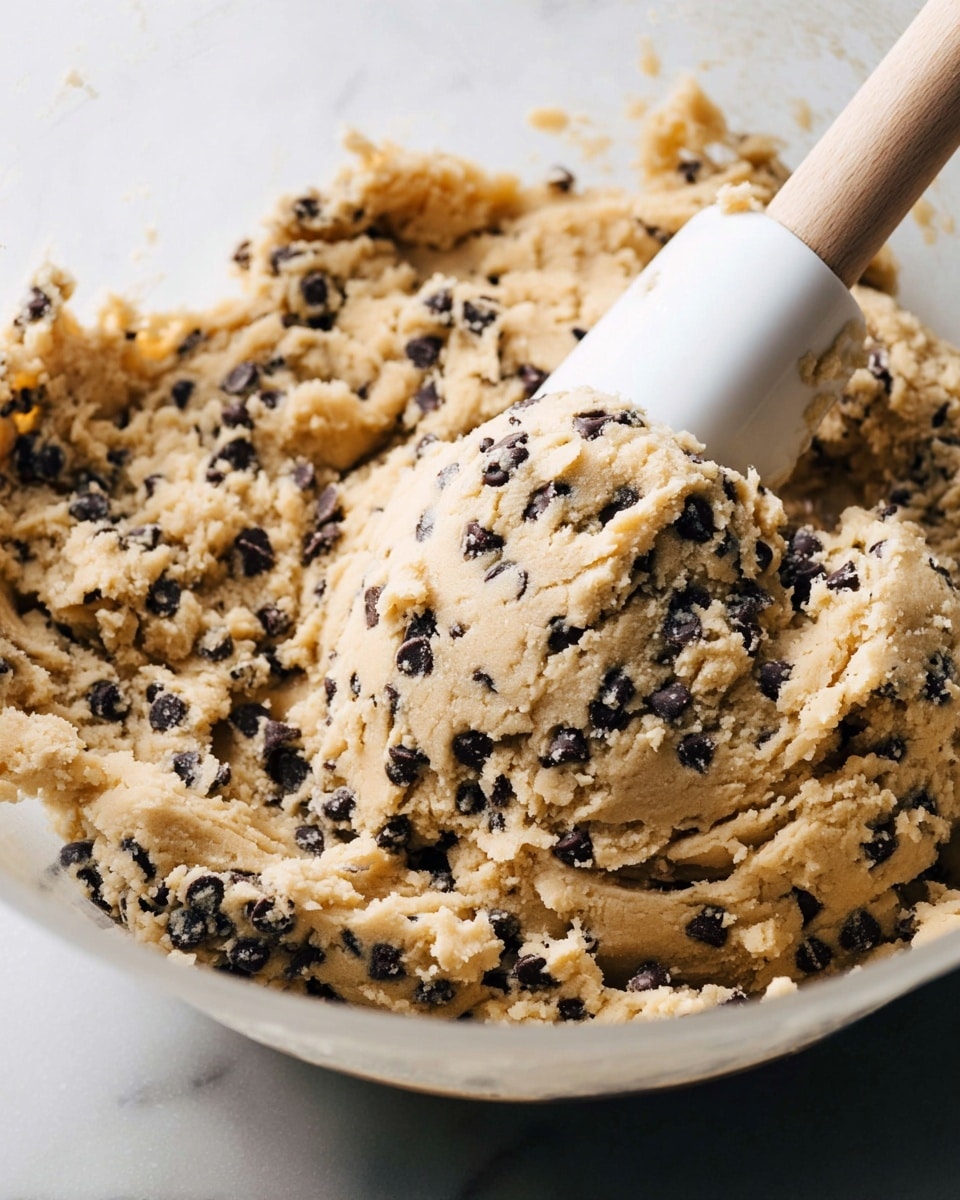 The image shows a close-up of a large bowl filled with thick cookie dough mixed with many small dark chocolate chips. The dough is light beige in color and looks soft and slightly crumbly. A white spatula with a light wooden handle is partially buried in the dough, lifting a scoop of it. The bowl is white, and the background has a white marbled texture. The lighting is natural, highlighting the details and texture of the dough. photo taken with an iphone --ar 4:5 --v 7