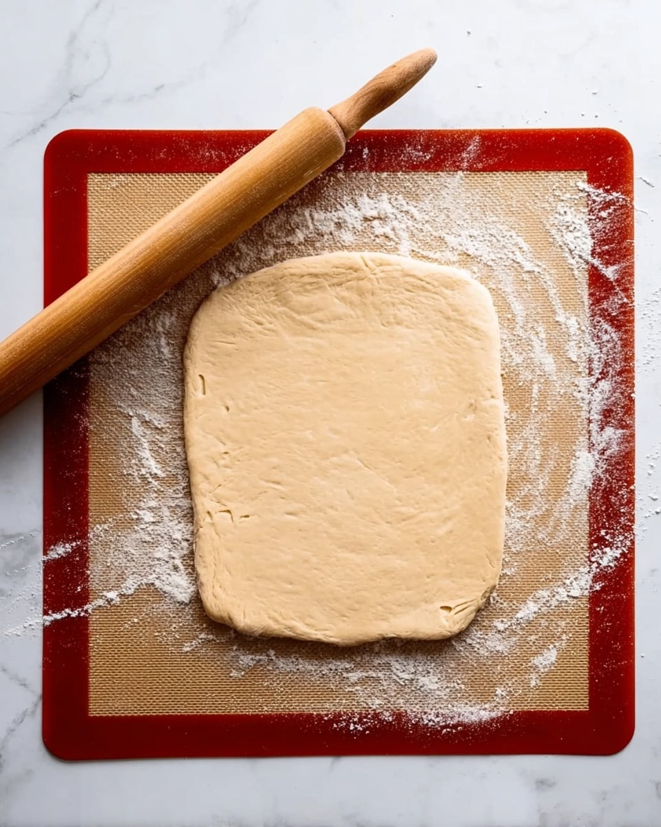 The image shows a single layer of dough rolled out evenly into a rough rectangular shape with smooth edges, placed in the center of a silicone baking mat with a reddish-brown border. The dough is light beige with a soft, smooth texture and has a few small indentations on its surface. The mat is dusted with flour, and a wooden rolling pin rests diagonally on the top edge of the mat. The whole setup is on a white marbled surface. Photo taken with an iphone --ar 4:5 --v 7