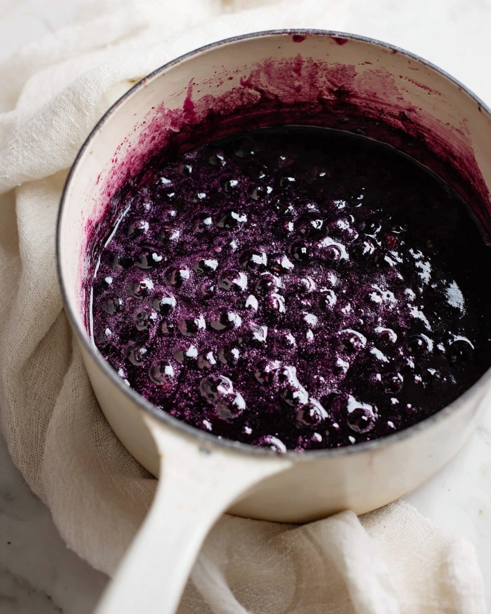 A white pot filled with a thick, dark purple sauce with whole berries visible, showing a shiny, slightly bubbly texture on the surface, with purple streaks and residue on the inner sides of the pot. The pot rests on a white cloth on a white marbled surface, with part of the handle visible in the foreground. photo taken with an iphone --ar 4:5 --v 7