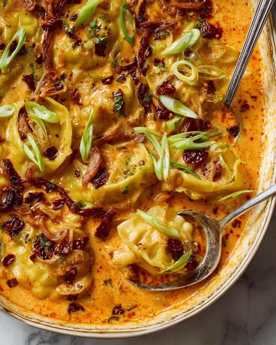 A close-up view of a dish showing about two layers: the first layer is a creamy orange-red sauce with herbs and small dark red chili pieces scattered around, creating a textured base. On top, there are several folded yellow dumplings with slightly crispy edges, some partly submerged in the sauce, and a few thin strips of what looks like meat or mushrooms peeking through the sauce. Bright green sliced scallions are scattered evenly over the top, adding a fresh contrast against the warm colors. A shiny metal spoon rests in the dish’s bottom right corner, holding one dumpling and some sauce, everything placed on a white marbled surface. Photo taken with an iphone --ar 4:5 --v 7