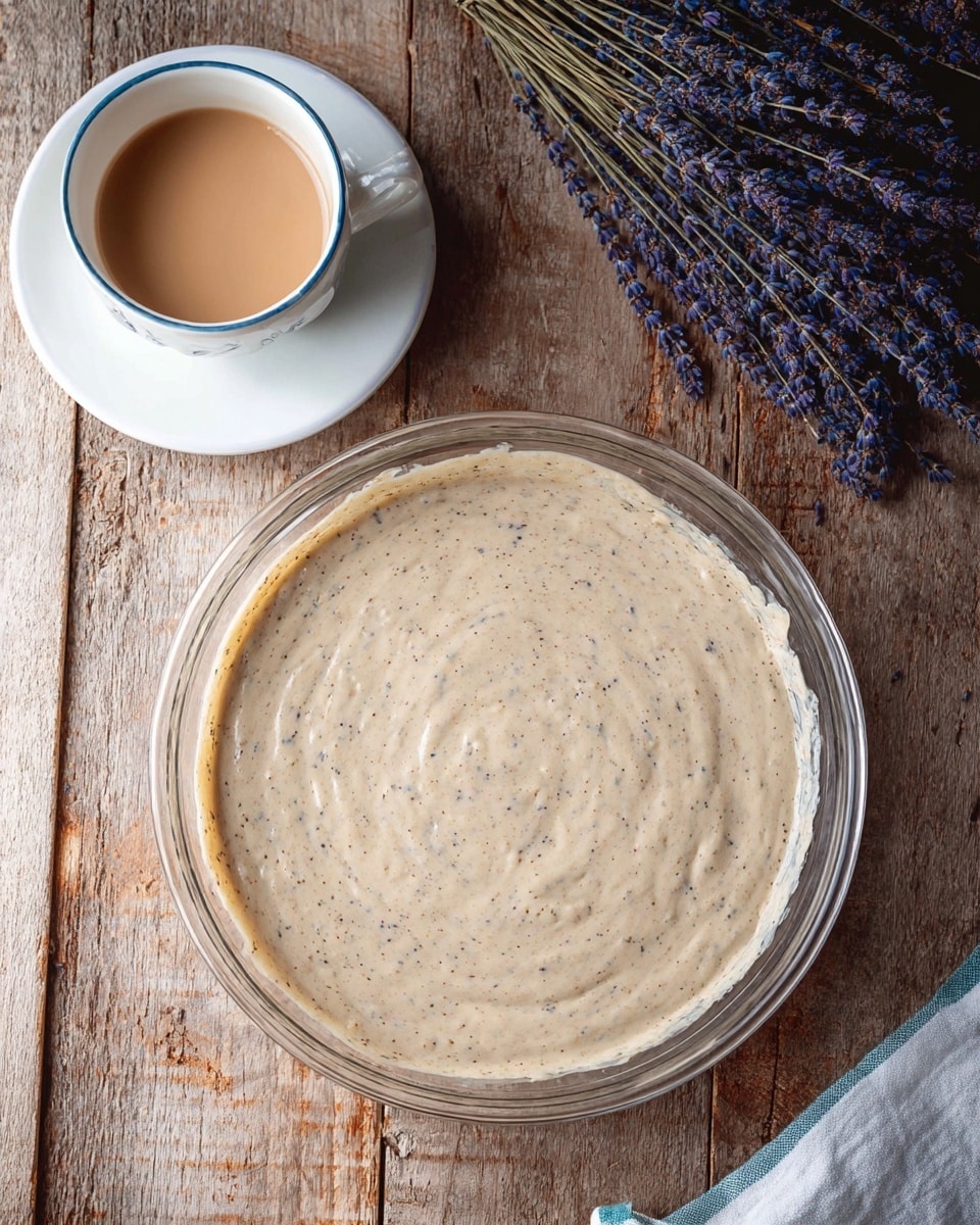 A clear glass bowl filled with a smooth, light beige batter mixed with small dark specks sits on a rustic wooden surface. To the bottom left, there is a white cup and saucer holding a warm, creamy light brown drink. On the top right, several sprigs of dried lavender add a gentle purple color. The overall setting has a calm, natural feel. photo taken with an iphone --ar 4:5 --v 7
