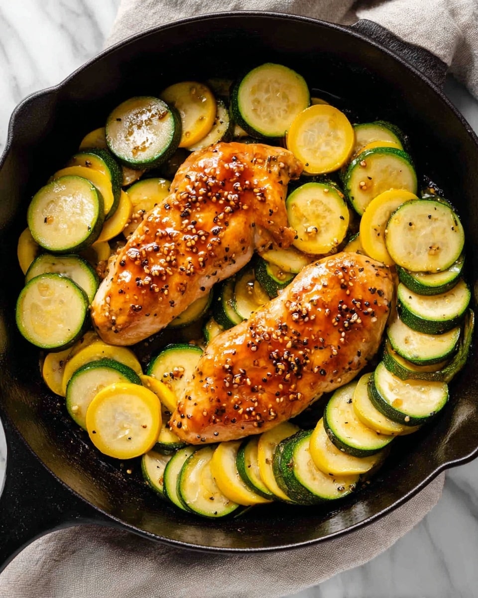 In a black cast iron pan, two cooked chicken pieces with a shiny, orange-brown glaze and sprinkled with black pepper flakes sit on a single layer of round zucchini slices. The zucchini layers alternate green and yellow colors, showing a soft, slightly cooked texture. The pan is placed on a white marbled surface with a light gray cloth partially visible beneath. Photo taken with an iphone --ar 4:5 --v 7