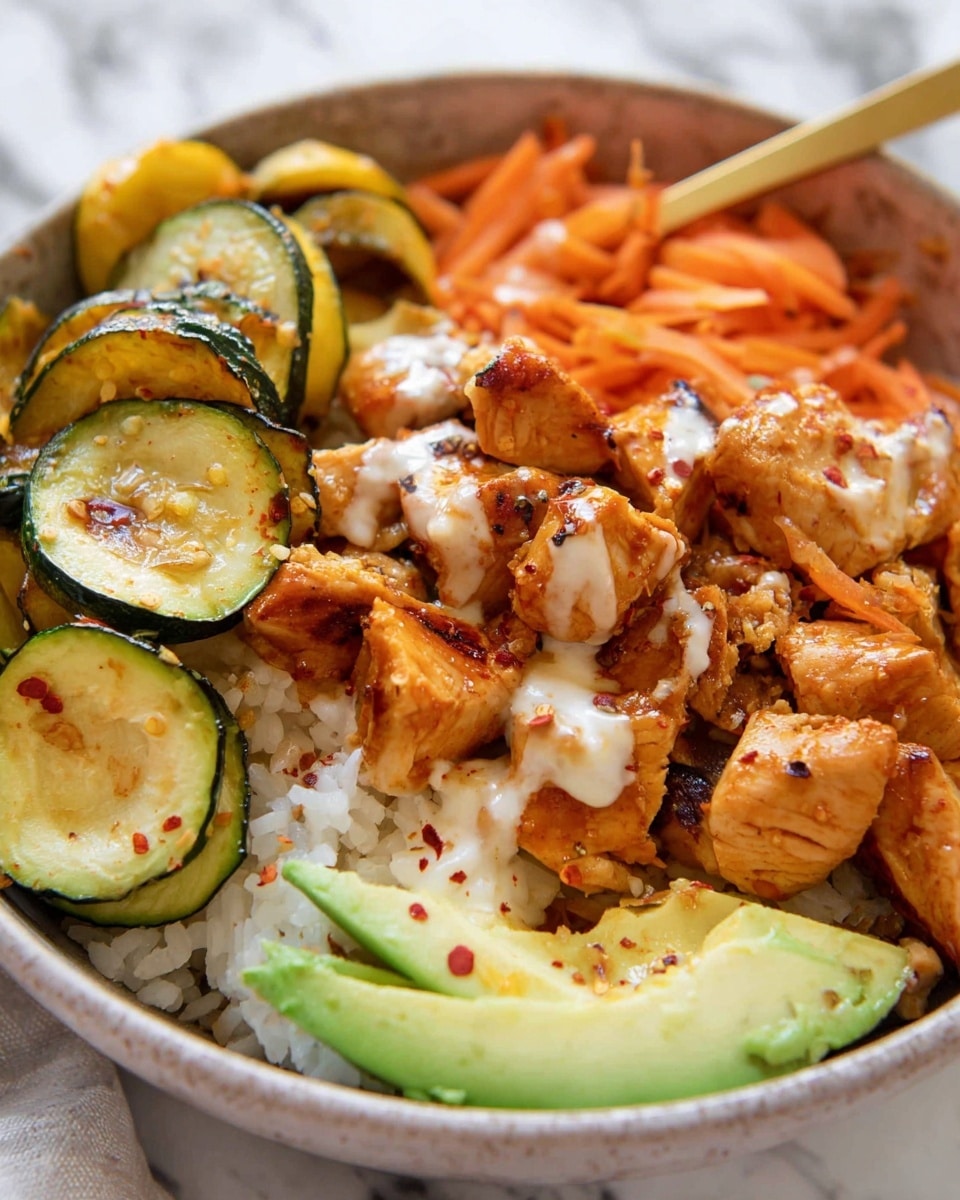 The image shows a bowl with four main layers. At the bottom, there is a base of white rice with a soft texture. On top of the rice, there are grilled yellow and green zucchini slices with slight char marks, and shredded bright orange carrots. The main layer features pieces of cooked orange-brown chicken chunks, some of which are drizzled with a light white sauce and sprinkled with red chili flakes. In the foreground, there are two slices of green avocado with a creamy texture. A golden spoon is placed in the bowl, slightly buried in the food, over a white marbled surface. photo taken with an iphone --ar 4:5 --v 7