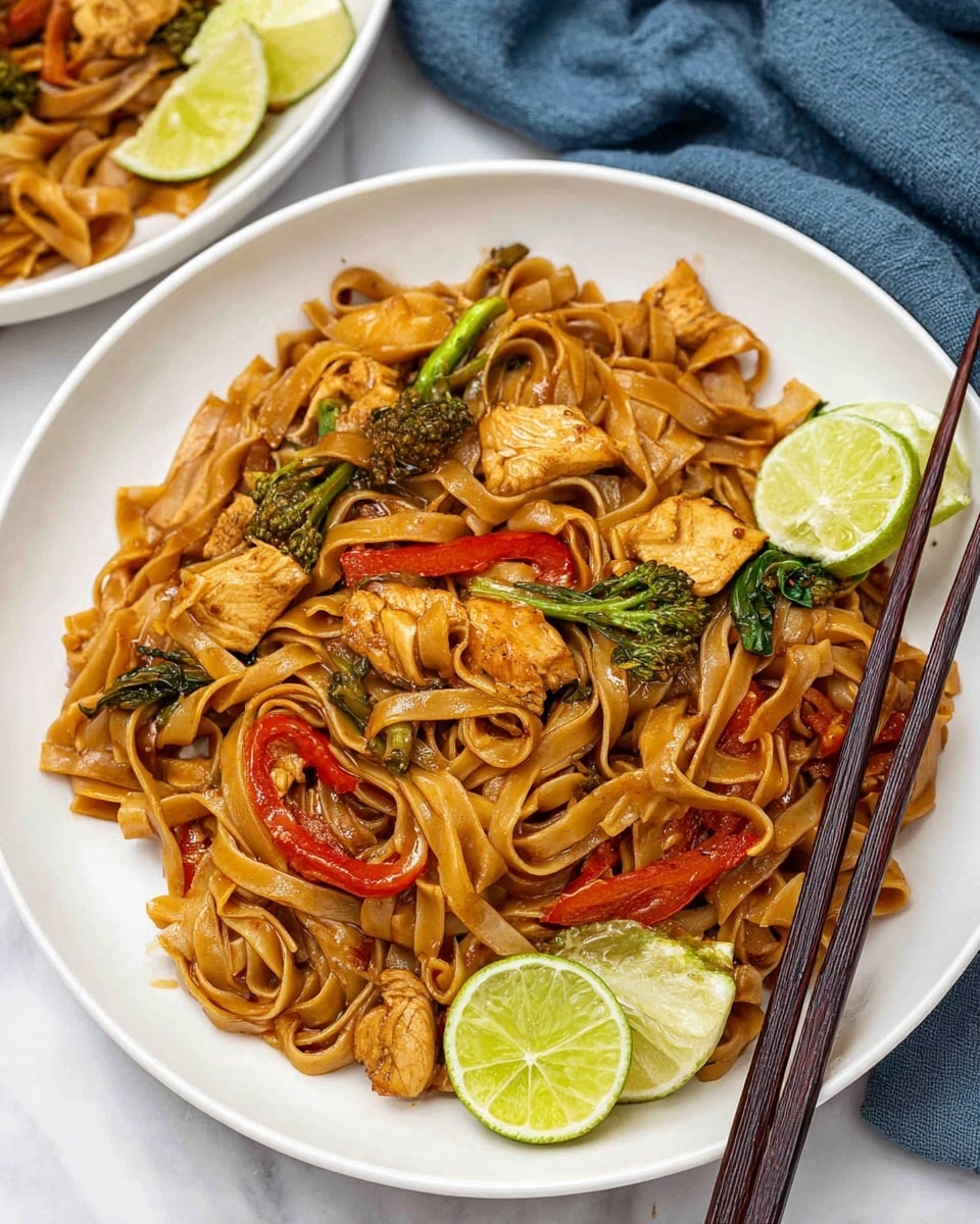 The image shows a white round plate with wide, flat, light brown noodles mixed with chunks of cooked chicken pieces, bright red slices of bell pepper, small green broccoli florets, and bits of leafy greens all covered with a slight glaze. The noodles are twisted and layered naturally, and there are three lime wedges positioned around the food for garnish. On the right side of the plate, a pair of dark-colored chopsticks rest, pointing diagonally inward. The plate is placed on a white marbled surface, and a blue cloth is slightly visible in the background. Photo taken with an iphone --ar 4:5 --v 7