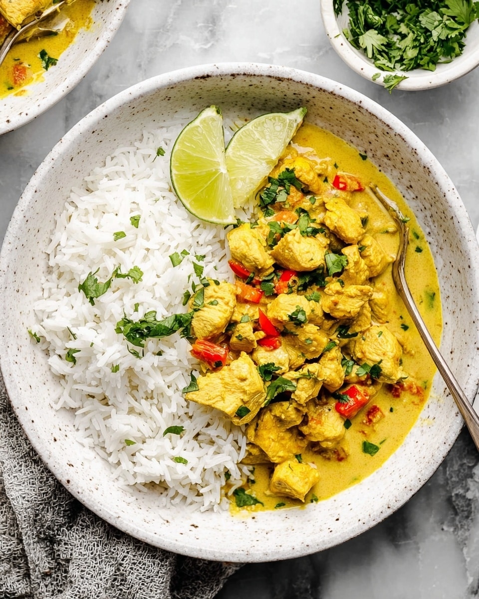 A white speckled bowl holds a dish with two main layers: on the left, there is a neat pile of fluffy white rice with separated grains, topped with a wedge of bright green lime. On the right side, there are chunks of yellow chicken curry mixed with small pieces of red bell pepper and green herbs, all coated in a creamy, smooth yellow sauce. The curry is garnished with scattered fresh green cilantro leaves. A silver fork rests on the rice side of the bowl. The bowl sits on a white marbled surface with a textured gray cloth nearby, and a small white dish filled with chopped cilantro is partly visible. Photo taken with an iphone --ar 4:5 --v 7