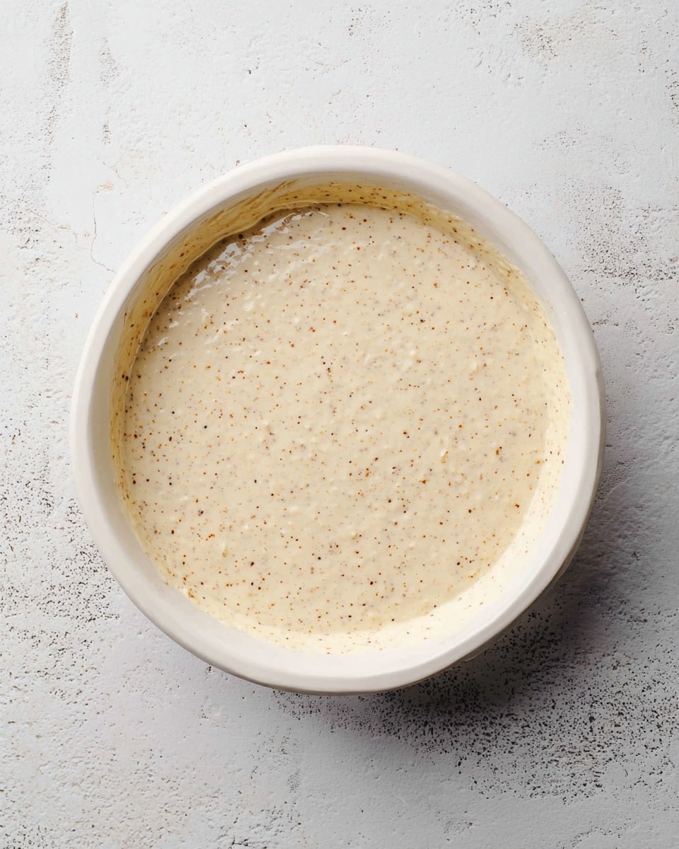 A white round bowl filled with a creamy batter that has small brown specks all throughout. The batter looks smooth with a slightly thick texture, filling nearly to the top of the bowl. The bowl is placed on a white marbled surface with some subtle dark marks and faint texture showing. photo taken with an iphone --ar 4:5 --v 7