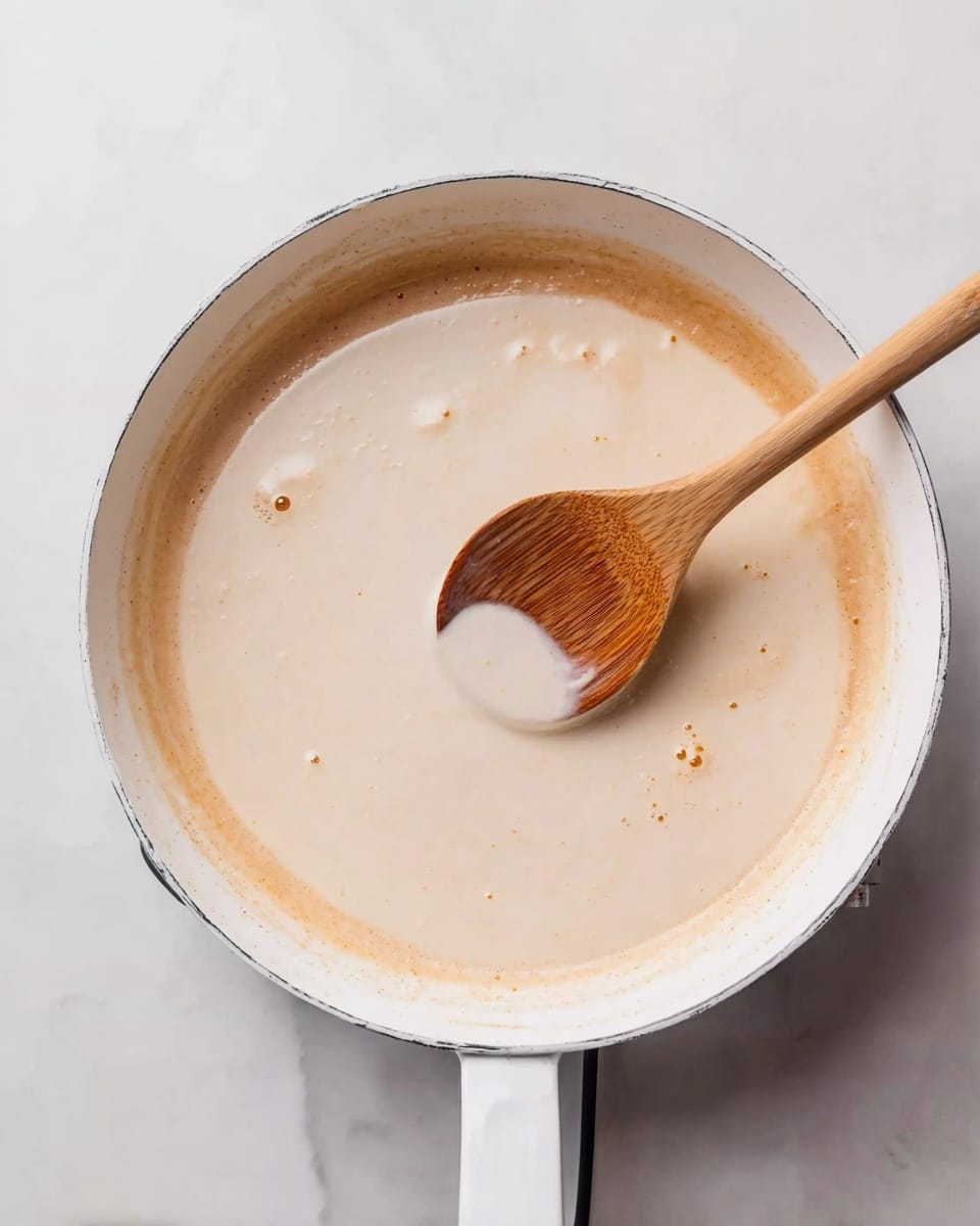 A white pan on a white marbled surface holds a creamy, light beige sauce that is being stirred with a wooden spoon. The sauce is smooth with a few small bubbles and light brown bits scattered throughout. The wooden spoon is positioned in the center of the pan, slightly dipping into the sauce, blending the mixture gently. photo taken with an iphone --ar 4:5 --v 7