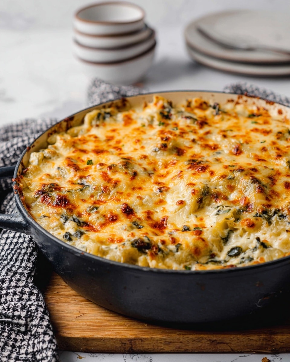 A large round black pot filled with a baked pasta dish is shown, resting on a wooden board. The dish has one visible layer of golden-brown melted cheese covering creamy pasta mixed with green spinach or herbs, giving it a slightly textured surface with some browned spots. The white marbled background has a white cup and a black and white checkered cloth near the pot, with an empty stack of white plates with dark rims in the background. photo taken with an iphone --ar 4:5 --v 7
