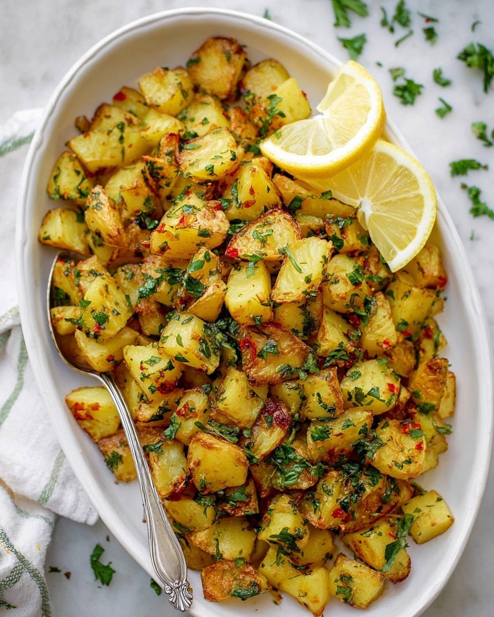 A white oval dish filled with diced roasted potatoes that are golden brown with crispy edges, topped evenly with finely chopped fresh green herbs and a few red pepper flakes scattered around. Two lemon wedges sit on the top edge of the dish, adding a bright yellow contrast. A silver spoon rests on the left side of the dish, slightly inside the potatoes. The dish is placed on a white marbled surface with some scattered green herbs around it. Photo taken with an iphone --ar 4:5 --v 7