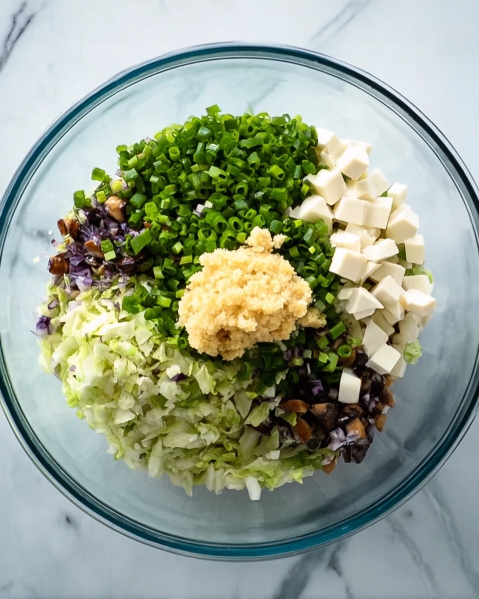 A large clear glass bowl sits on a white marbled surface, filled with several layers of finely chopped ingredients arranged side by side. There are small white cubes likely tofu near the top right, finely chopped green onions covering the center and right side, and small bits of dark brown mushrooms near the top edge. Below these, there is finely minced light green cabbage or similar vegetable on the left. In the center of the bowl sits a dollop of pale yellow paste or minced garlic on top of the other ingredients. The overall look is fresh and finely chopped, creating a mix of white, green, and brown colors. Photo taken with an iphone --ar 4:5 --v 7