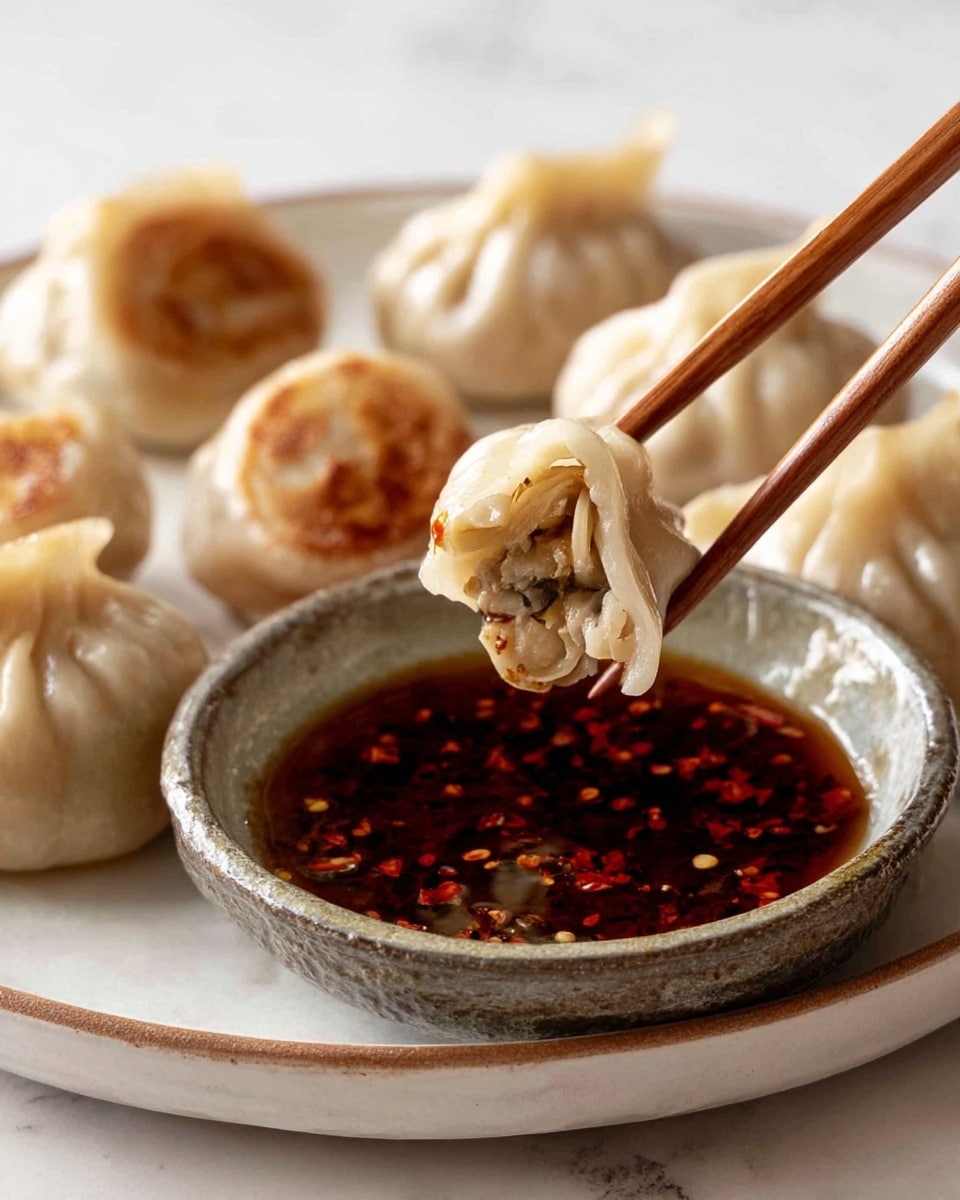 A white plate with several round dumplings that have a light beige, slightly shiny outer skin with folds on top. One dumpling held by wooden chopsticks shows an inside of small pieces of mushrooms and light-colored vegetables. Below the dumplings is a small, round, rustic grey bowl filled with dark red-brown sauce with visible chili flakes. The plate is set on a white marbled surface. photo taken with an iphone --ar 4:5 --v 7