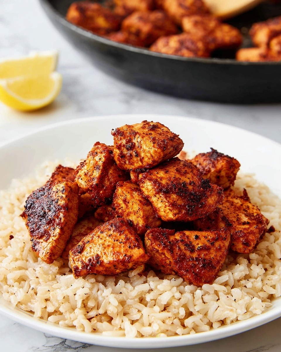 The image shows a white plate with a base layer of fluffy light beige rice, spread evenly across the plate. On top, there is a thick pile of bite-sized pieces of browned, seasoned chicken with a dark golden to reddish crust, giving a slightly charred look with specks of black pepper. The chicken pieces are stacked in the center, creating a high mound with a textured, crispy surface. In the background, there is a black pan with more chicken pieces that also have the same rich color and grilled texture. A wedge of lemon with a pale yellow color is placed near the top left edge of the plate, adding a fresh contrast to the warm tones. The whole scene is set on a white marbled texture surface. photo taken with an iphone --ar 4:5 --v 7
