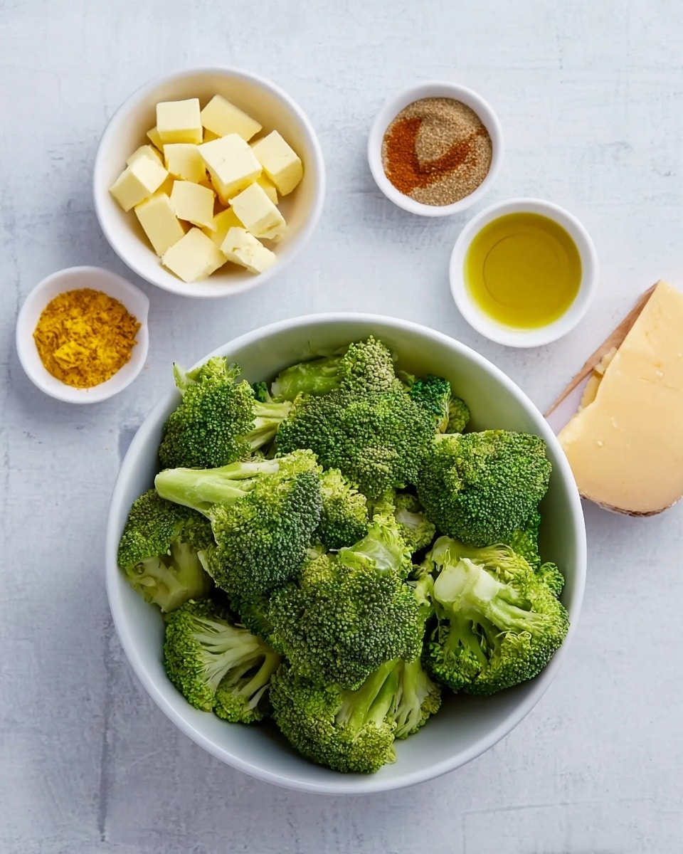 A white bowl full of bright green broccoli florets is placed in the center on a white marbled surface. Surrounding the bowl are five small white bowls: one with light yellow cubes, one with bright yellow spice, one with brown powder, one with golden olive oil, and one holding a wedge of pale yellow cheese. The arrangement looks neat and simple, showing fresh ingredients ready to be cooked. Photo taken with an iphone --ar 4:5 --v 7