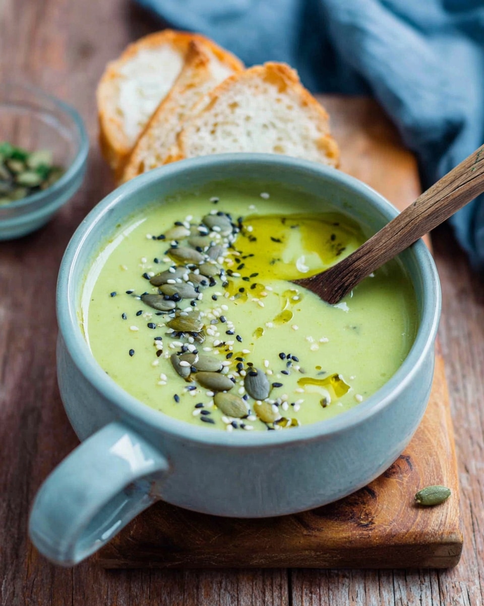 A pale green soup is served in a light blue bowl with a handle, placed on a wooden surface. The soup is smooth and creamy, topped with scattered black and white sesame seeds, green pumpkin seeds, and drizzled with golden olive oil. A wooden spoon is dipped into the soup on the right side. Behind the bowl, there are two slices of toasted bread leaning against it, with a soft and slightly crispy texture visible. In the background, there is a blurred blue cloth and a small glass bowl with green herbs. Photo taken with an iphone --ar 4:5 --v 7