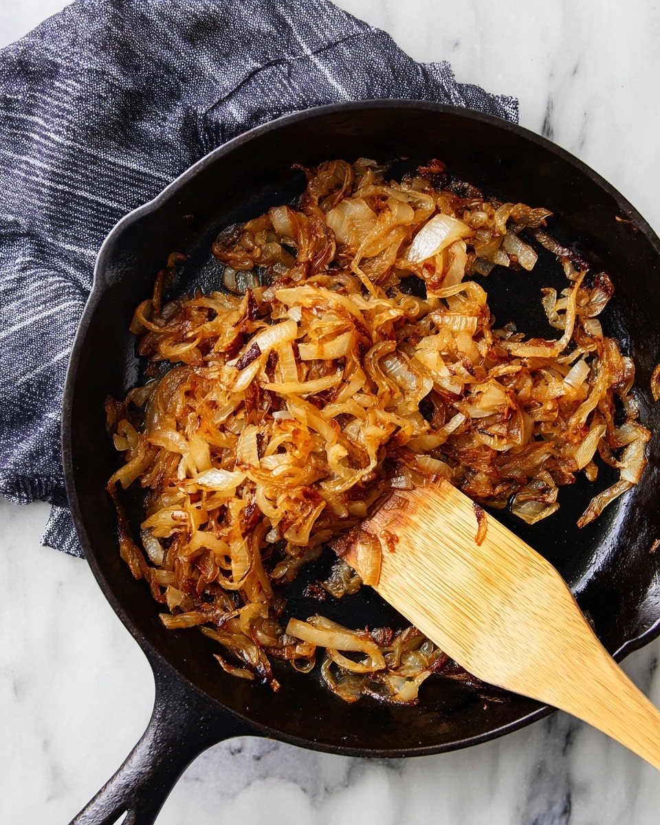 A close-up top view of a black cast iron pan filled with a layer of golden brown caramelized onions that have soft, slightly crispy edges. The onions have different shades of brown and orange, showing their cooked textures with some pieces curled or overlapping. A light wooden spatula rests diagonally on the right side of the pan, partly under the onions. The pan is placed on a white marbled surface with a dark gray and white striped cloth loosely folded near its handle. photo taken with an iphone --ar 4:5 --v 7
