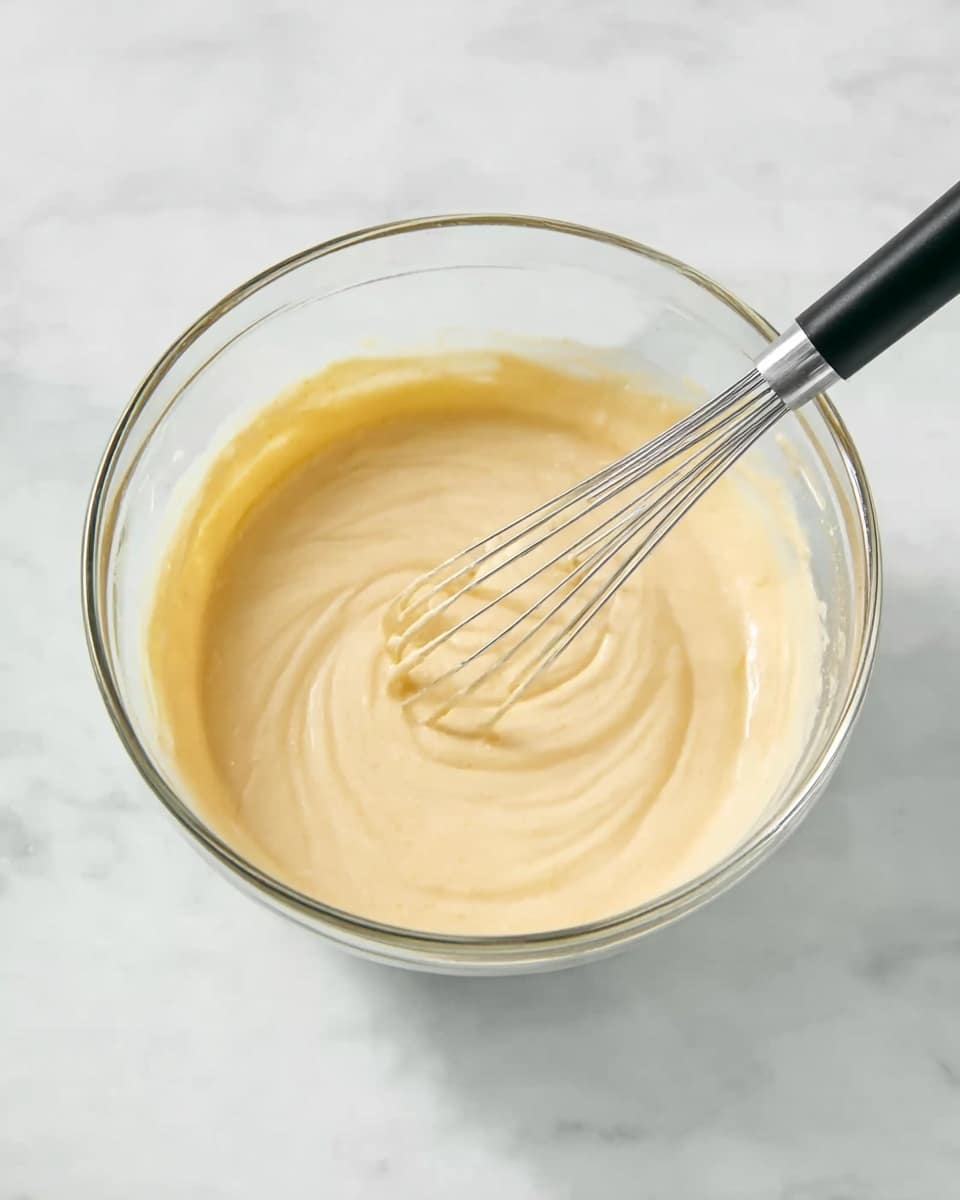 A clear glass bowl sits on a white marbled surface, filled with a smooth, light yellow batter with a creamy texture. Inside the bowl, a metal whisk with a black handle rests, partially dipped in the batter, showing the mixture lightly clinging to its wires. The batter covers the bottom and sides of the bowl evenly, creating a soft swirl pattern. photo taken with an iphone --ar 4:5 --v 7