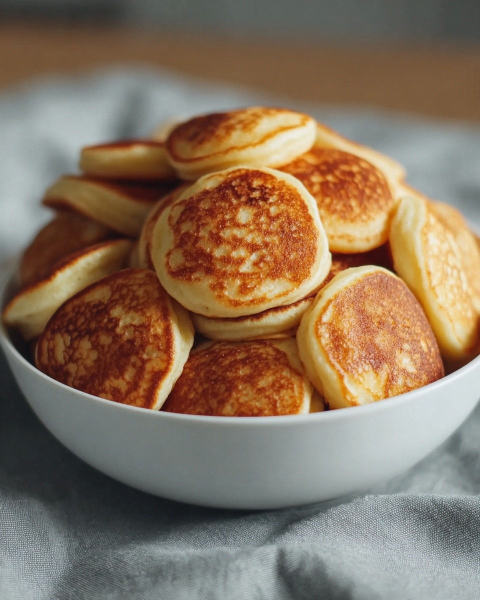 A white bowl filled with a pile of small, round pancakes that have a light golden brown top layer showing a bumpy texture with some darker spots. The sides of the pancakes are pale yellow and smooth, with the stack filling the bowl almost to the top. The bowl sits on a surface covered with a light gray cloth, and the background is softly blurred, highlighting the warm, inviting look of the pancakes. photo taken with an iphone --ar 4:5 --v 7