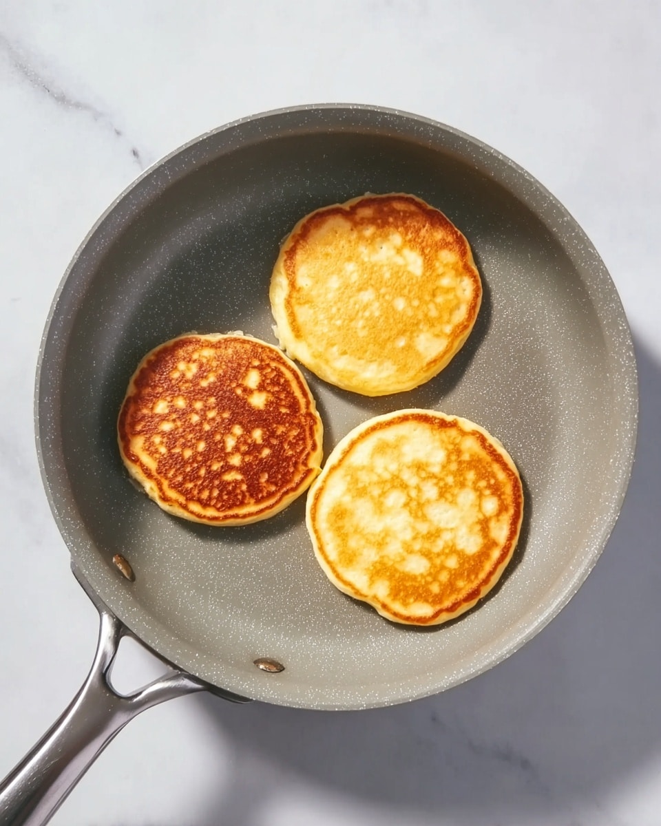 The image shows a grey frying pan with three golden brown pancakes cooking inside it. Each pancake is round and fluffy, with the top pancake having a slightly darker, crispier color than the other two, which are lighter yellow with smooth texture. The pan handle extends to the left, resting on a white marbled surface. The light highlights the pancakes' soft texture and the smooth surface of the pan. photo taken with an iphone --ar 4:5 --v 7