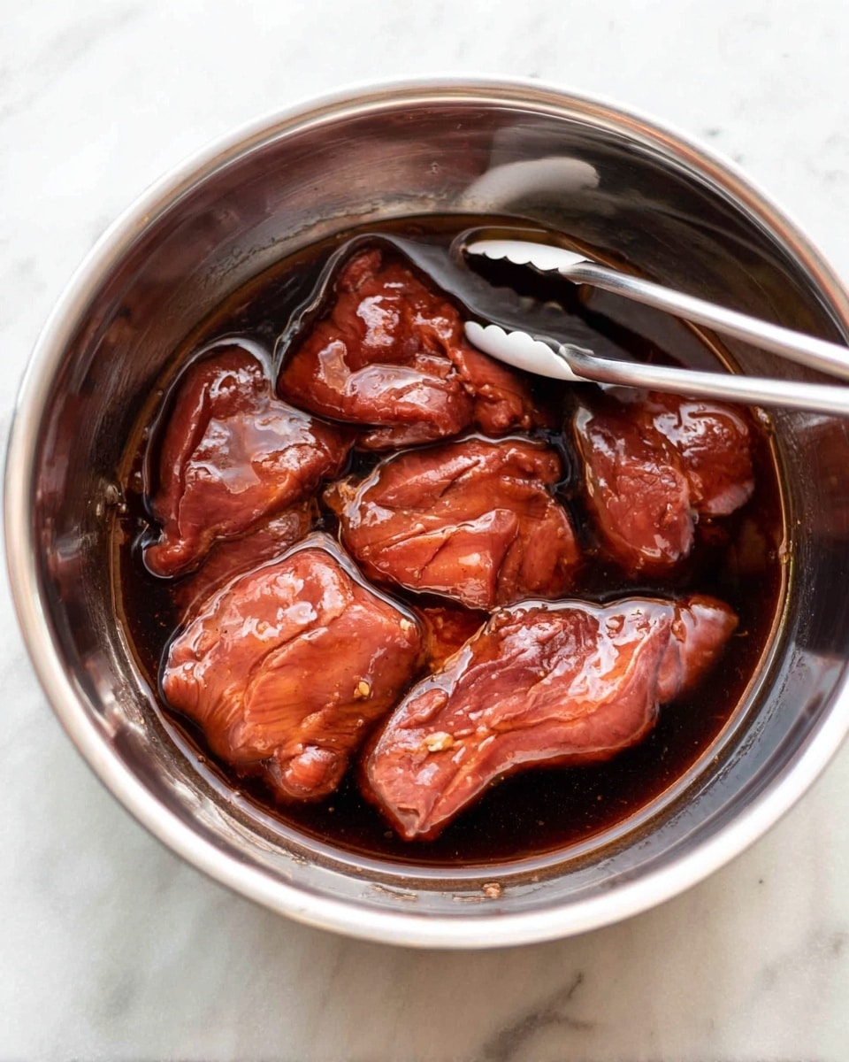 A large silver mixing bowl is filled with five pieces of raw meat soaked in a dark brown marinade. The meat is smooth and shiny, coated well by the liquid, which has a slightly thick texture. Near the edge of the bowl, a pair of silver tongs with white tips rests partially inside the marinade. The bowl is placed on a surface with a white marbled texture. The image shows close-up detail of the texture of the meat and the glossy liquid. photo taken with an iphone --ar 4:5 --v 7