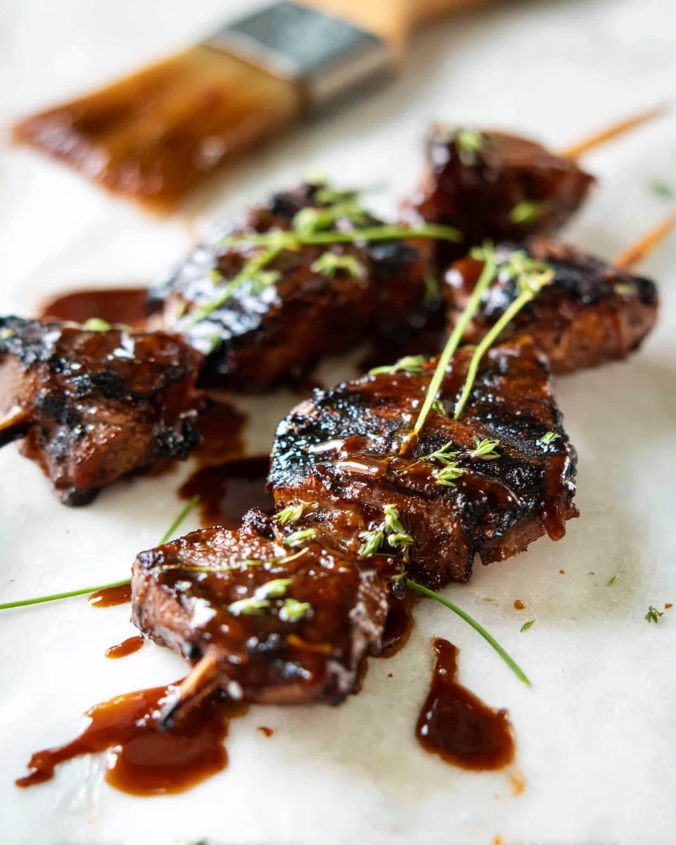 The image shows two grilled skewers with dark brown sauce glazed on the meat, placed on a white marbled surface. The meat pieces have charred edges and a glossy texture from the sauce. Thin green herb strands are scattered lightly over and around the skewers. Behind the skewers, there is a small brush laid down with sauce on its bristles and some sauce spilled next to it in a casual way. The light creates soft shadows, highlighting the texture of the meat and the sauce's shine. photo taken with an iphone --ar 4:5 --v 7