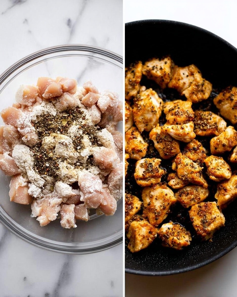 The image shows two side-by-side photos. On the left, there is a clear glass bowl with small raw pieces of light pink chicken mixed with white flour and sprinkled with black pepper and other spices on top. On the right, there is a black pan filled with browned, cooked chicken pieces, showing a crispy golden-brown texture with some black and white seasoning spots on each piece. Both images are placed on a white marbled surface. photo taken with an iphone --ar 4:5 --v 7