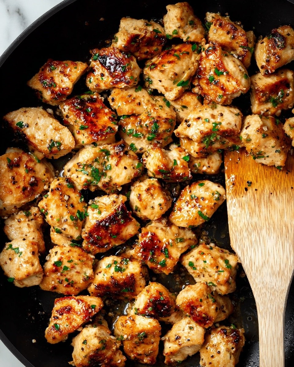 A close-up view of many small pieces of cooked chicken in a black pan, each piece showing a golden brown color with some darker char marks, covered with bits of chopped green herbs scattered over them. The chicken pieces have a slightly crispy texture with tiny specks of seasoning visible. A wooden spatula is placed on the right side of the pan, partially under the chicken pieces, showing a smooth light brown surface. The background is a white marbled texture. photo taken with an iphone --ar 4:5 --v 7