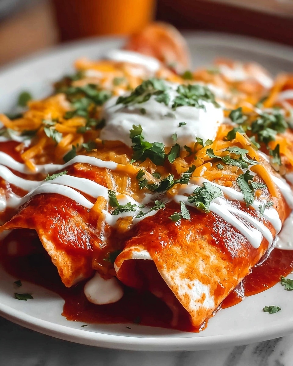 A close-up view of rolled enchiladas placed on a white plate, each covered with bright red sauce and white sour cream drizzled evenly on top. The enchiladas are topped with a layer of shredded orange cheddar cheese and sprinkled with fresh green cilantro leaves. A dollop of sour cream sits on the center, adding a creamy white peak over the orange and red colors. The plate rests on a white marbled surface, with a blurred background showing warm tones. photo taken with an iphone --ar 4:5 --v 7