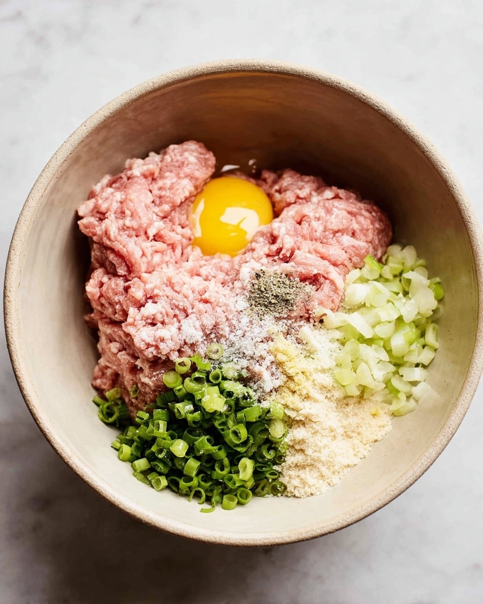 A large beige bowl on a white marbled surface holds several ingredients for mixing. The biggest part is light pink raw ground meat placed slightly off center. To the left of the meat is one cracked raw egg with a bright yellow yolk visible. To the right of the meat is a pile of chopped green onions with light and dark green colors. Around the bottom edge of the meat are small piles of light beige breadcrumbs, white salt, light ground spices, black pepper, and a pale yellow minced garlic. The different textures and colors create a detailed view of the ingredients before mixing photo taken with an iphone --ar 4:5 --v 7
