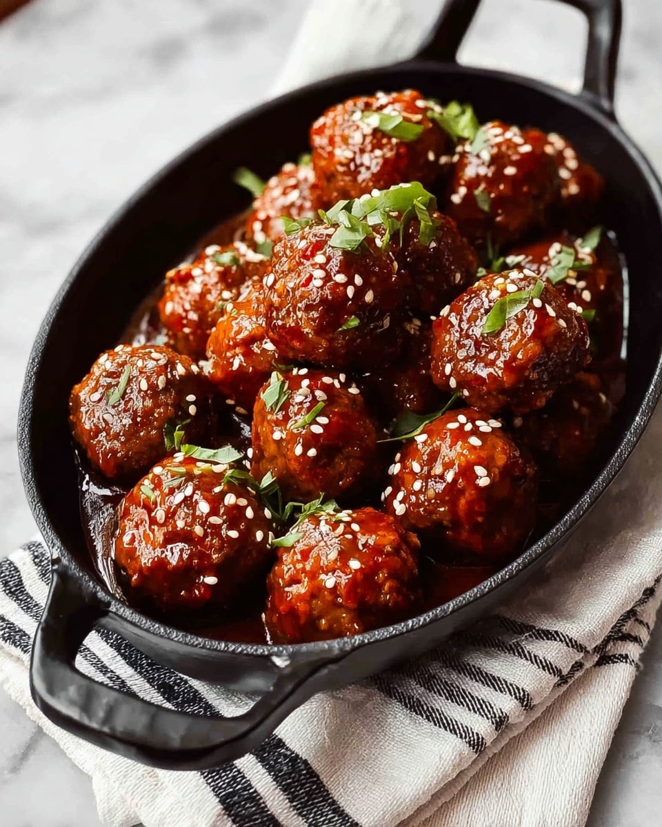 A black oval dish full of round meatballs coated in a shiny reddish-brown sauce, each meatball sprinkled with white sesame seeds and small green herb pieces for garnish. The dish sits on a white cloth with black stripes, all placed on a white marbled surface, creating a clean and bright setting. The meatballs are arranged closely, showing rich textures and a glossy look that catches light, making them appear juicy and flavorful. photo taken with an iphone --ar 4:5 --v 7