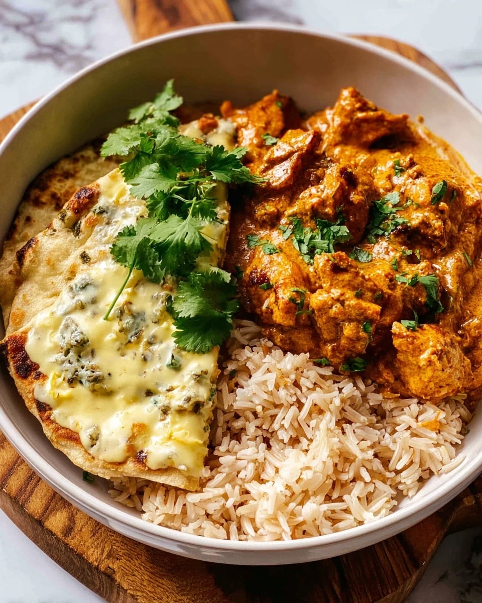 The dish is served in a round white bowl, placed on a wooden board with a white marbled background. Inside the bowl, on the right side, there is a thick heap of light brown rice with visible individual grains. On the left side, there is a piece of flatbread with melted, pale yellow butter that has green herbs mixed in, spread over it. Above the flatbread and rice, there are chunks of orange-brown curry-coated pieces of meat or vegetables, with a slightly chunky and creamy texture. Fresh dark green cilantro leaves are scattered on top of the curry and rice, adding a pop of color. The photo taken with an iphone --ar 4:5 --v 7