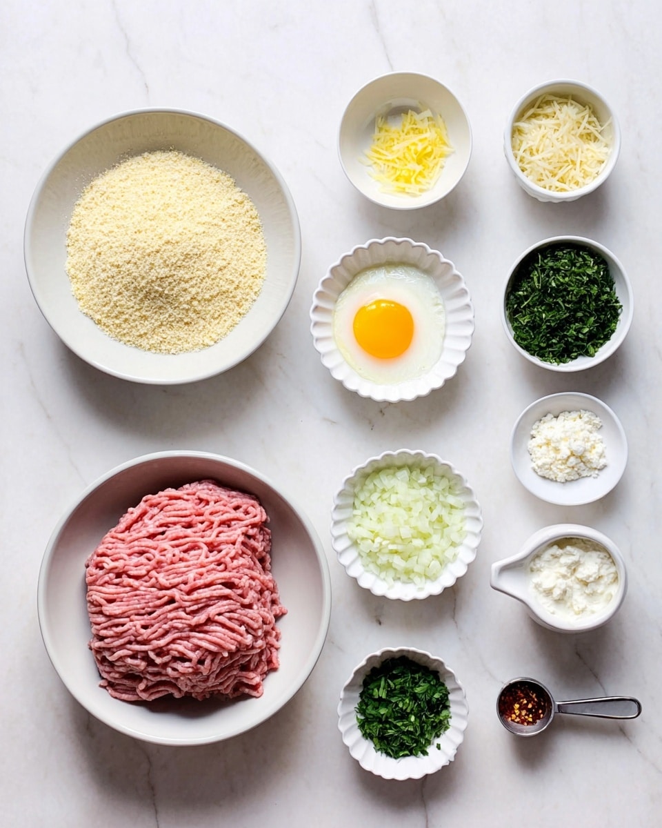 The image shows various ingredients neatly arranged on a white marbled surface. There are eleven white bowls and dishes in total. In the bottom left is a white bowl with raw ground meat, pink and textured with long strands stacked on top of each other. Above it to the left is a larger white bowl filled with coarse yellowish crumbs. To the right of the meat bowl are small white dishes holding different ingredients: finely chopped onions with a soft, white, and slightly pink appearance, finely grated yellow lemon zest, minced garlic with a pale off-white color, a raw egg yolk with clear egg white around it in a fluted white dish, chopped green herbs in two small white bowls with fine textures, white cottage cheese or ricotta in a small white pitcher-like bowl, a small white bowl with red chili flakes, a small dish of coarse white salt, and a metal measuring scoop filled with pale shredded cheese. All ingredients are spread evenly, showing a clean and bright cooking setup. Photo taken with an iphone --ar 4:5 --v 7