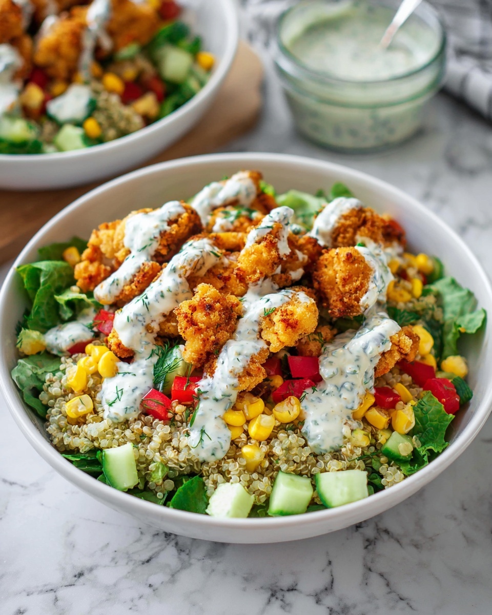 A white bowl holds a colorful layered salad starting with fresh green lettuce and small chopped pieces of cucumber and red bell pepper at the base. On top is a layer of light beige quinoa mixed with yellow corn kernels and small green pickles. The top layer consists of golden-brown crispy pieces of fried chicken scattered evenly, drizzled with dollops of white dill sauce with visible green herb pieces. The bowl sits on a white marbled surface with a blurred background showing a jar of sauce and a second bowl of the same salad. Photo taken with an iphone --ar 4:5 --v 7